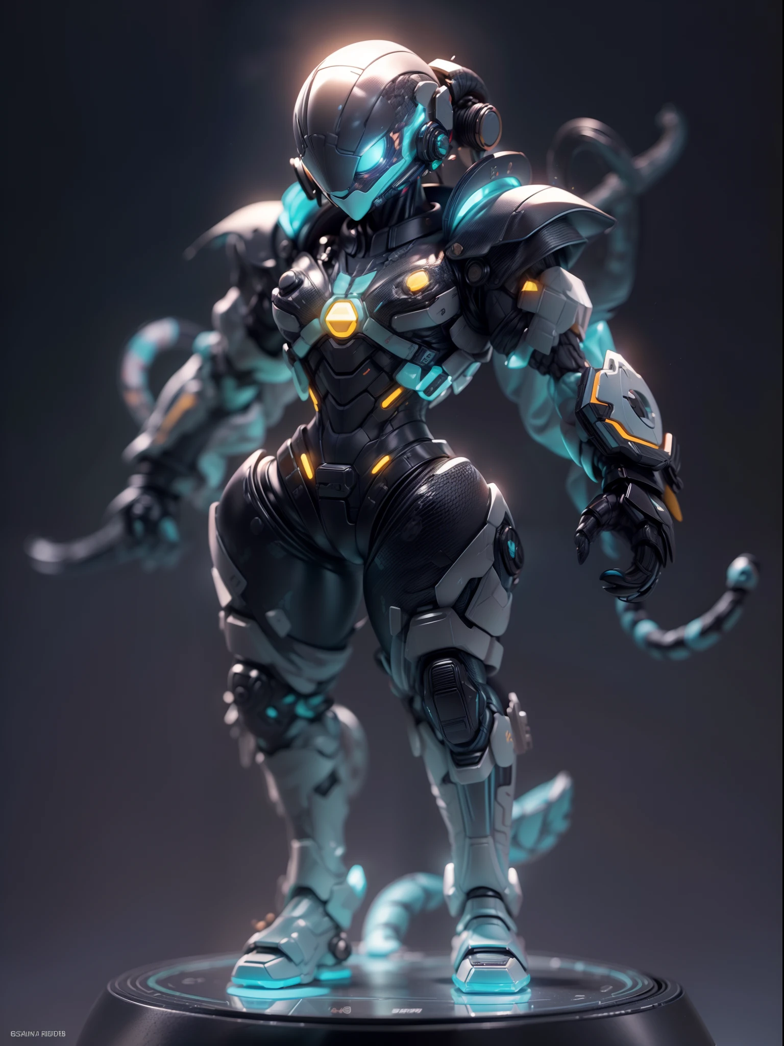 (Blind box toy style:1.3),((Full body shot)),(anthropomorphism),(1 strong snake warrior,solo),transparent plastic mecha,dreamy glow, cyberpunk style,Clean black background,black style,(circular base)( Global illumination, Ray tracing, hdr, unreal render,reasonable design, high detail, Masterpiece, Best quality, hyper HD, Cinematic lighting)