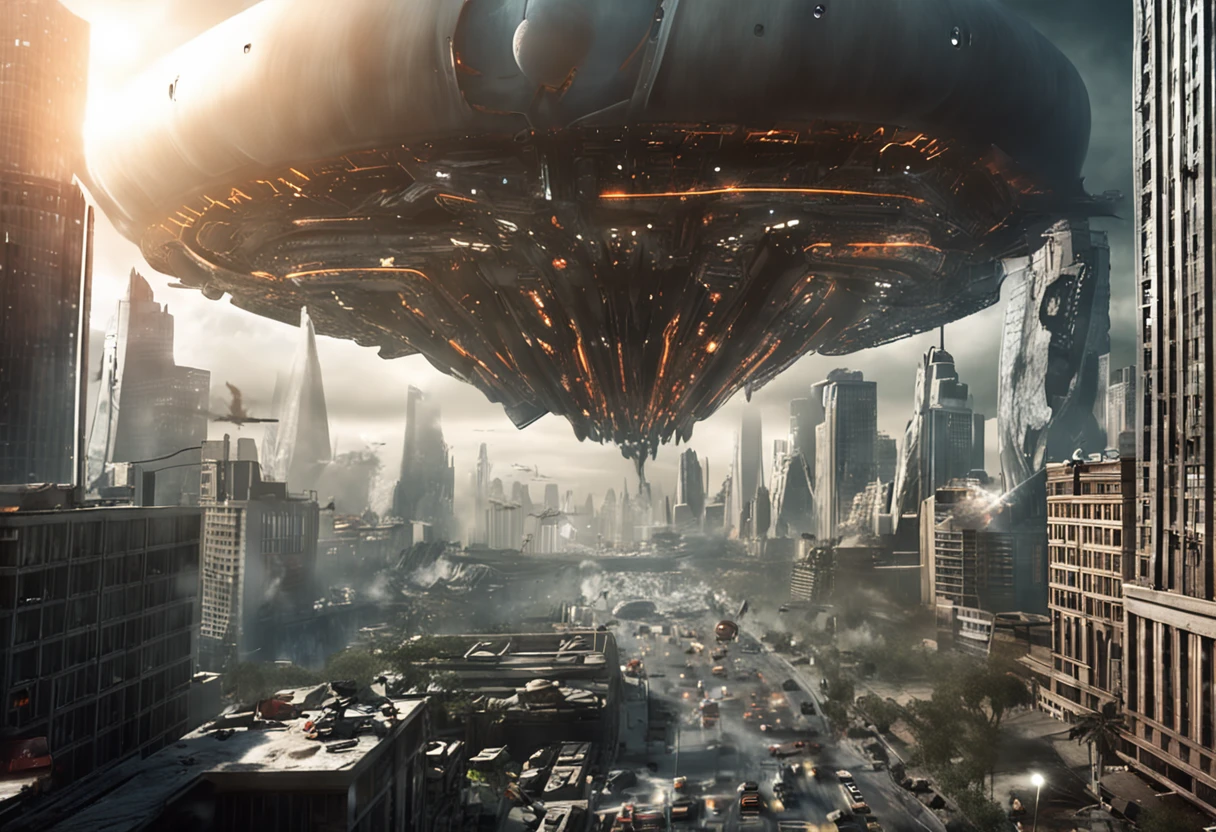 "Alien Invasion: A thrilling and immersive sci-fi masterpiece with the highest quality visuals, intense action sequences, and stunning special effects. Capture the incredible chaos and destruction as alien spacecrafts invade a metropolitan city, showcasing futuristic architecture, advanced technology, and epic battles. The atmosphere should be intense and filled with tension, with dynamic camera angles, dramatic lighting, and realistic alien designs. The attention to detail should be impeccable, highlighting the intricate alien spacecrafts, powerful lasers, and devastated cityscape. Deliver an unforgettable portrayal of the human resistance fighting against the extraterrestrial threat.