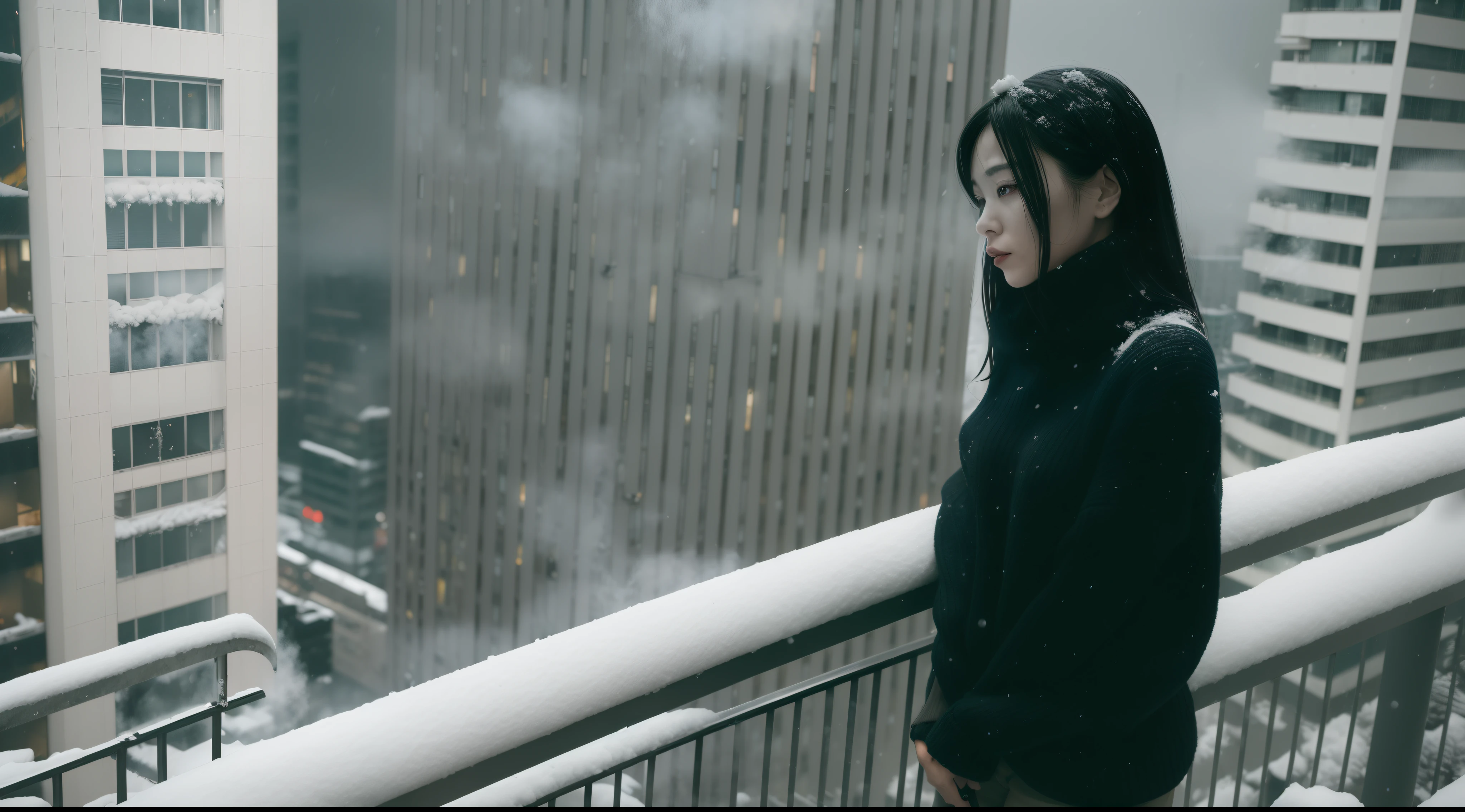 one woman, leaning on the railing of the balcony of high rise building, black hair, black eyes, wearing white sweater, alone, midnight, sad mood, ultra detail, snow, dark, smoking, bleak, sad, alone, cyberpunk, winter, snowing, foggy, far shot, cigarette, visually busy, visual clutter, cinematic, anatomically correct