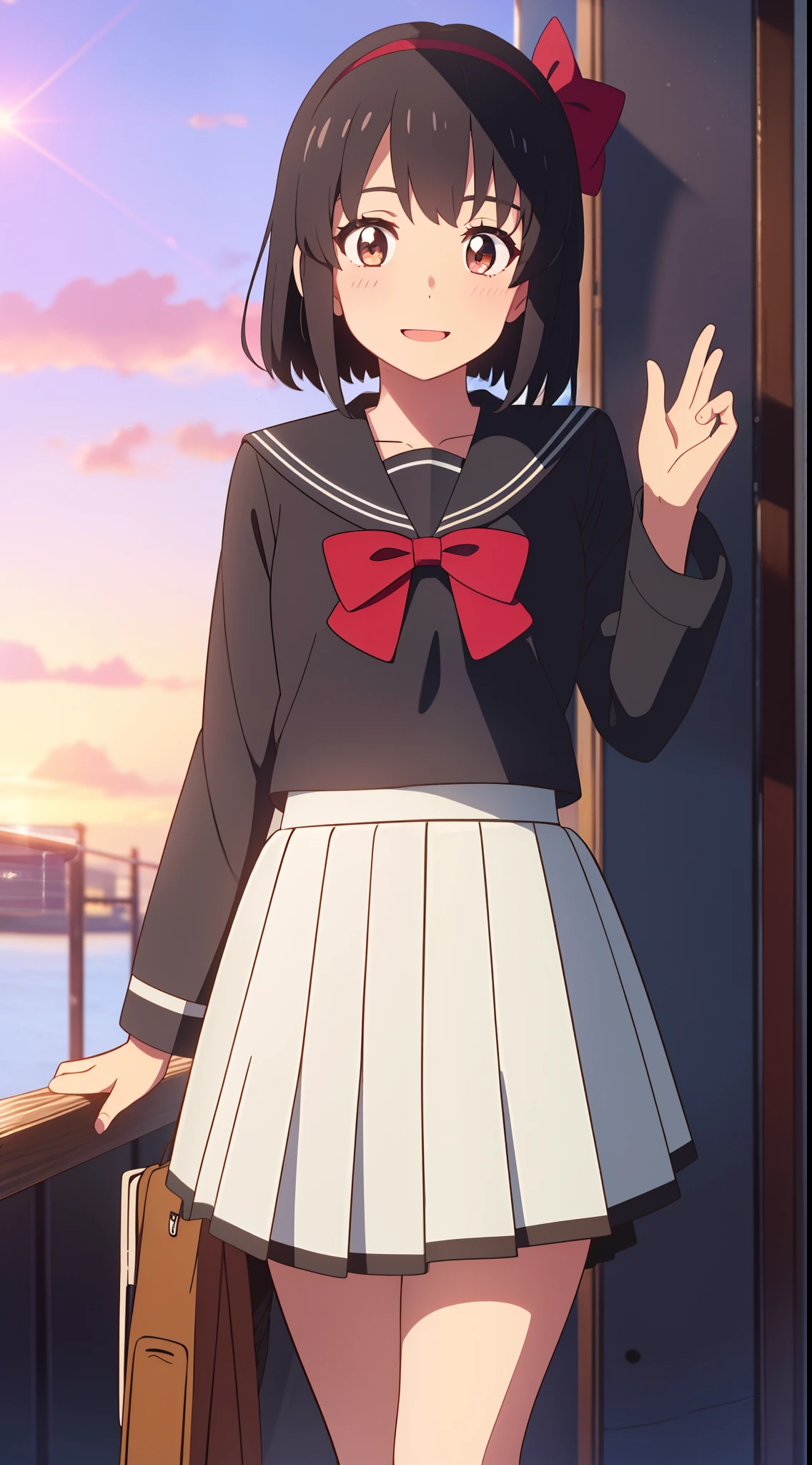 shinkai makoto, kimi no na wa., 1girl, bangs, black hair, blush, brown eyes, sky, cloud, sailor collar, black sailor collar, sailor color, black sailor color, serafuku, looking at the viewer, outdoors, headband, red headband, ribbon, red ribbon, bow, red bow, school uniform, short hair, solo, shirt, white shirt, skirt, black skirt, pleated skirt, long sleeves, smile, happy, open mouth, lens_flare, afternoon hangout