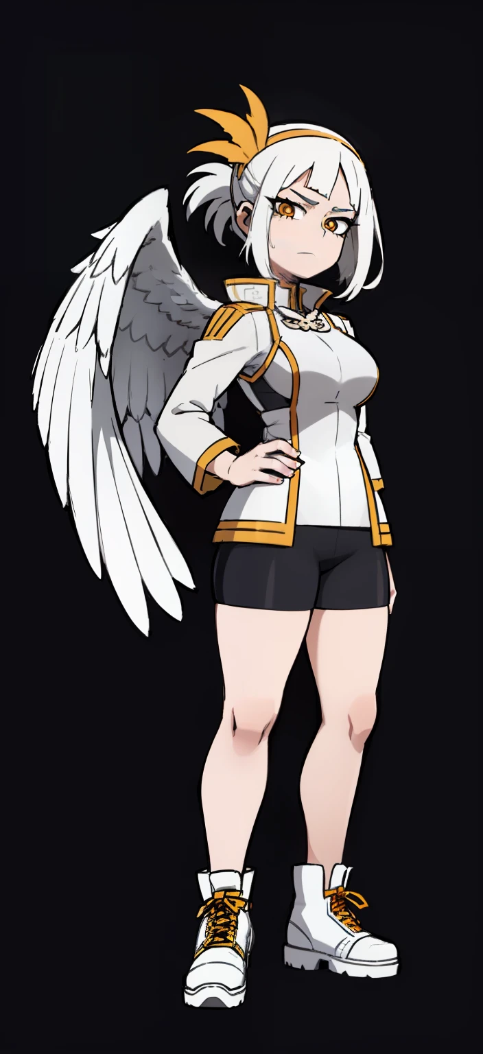 My Hero Academia Style, Anime Girl, Female, Trending on ArtStation Pixiv, (Full Body Shot: 0.5), Wide Hips, Wide Thighs, Large Breast, Pterodactyl Face, Short Hair, Ash White Hair, Yellow Eyes, Pterodactyl Snoot, pterodactyl crest, feathered wings on back, feathered wings, wings on back, white feathers, ash white plumage, Long-sleeved gray tunic with dark gray piping, long-sleeved gray tunic, gray tunic with piping, dark gray piping tunic, gray tunic, piping tunic, red boots, orange headband, orange headband, ribbon, gaze perky, smug, looking at viewer, super detailed, perfect anatomy,