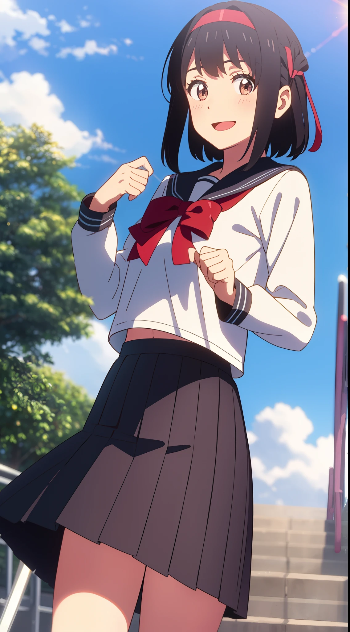 shinkai makoto, kimi no na wa., 1girl, bangs, black hair, blush, brown eyes, sky, cloud, sailor collar, black sailor collar, sailor color, black sailor color, serafuku, looking at the viewer, outdoors, headband, red headband, ribbon, red ribbon, bow, red bow, school uniform, short hair, solo, shirt, white shirt, skirt, black skirt, pleated skirt, long sleeves, smile, happy, open mouth, lens_flare, afternoon hangout