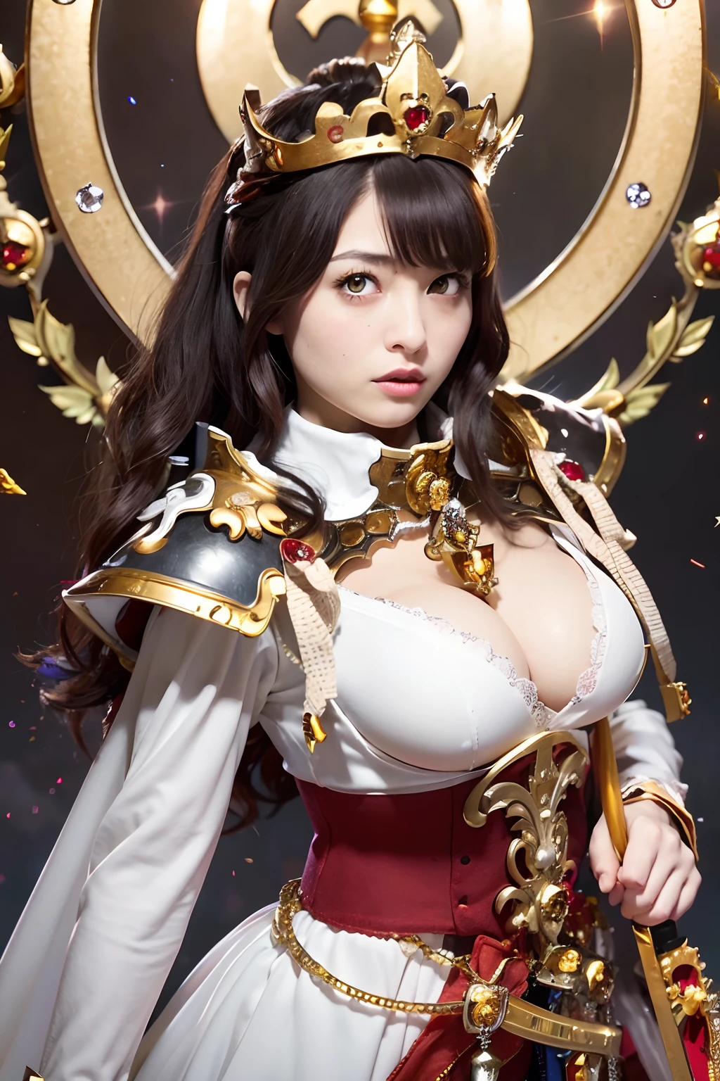 (masutepiece), Professional , masterpiece、top-quality、photos realistic , depth of fields ,(Wind element),close-up,dream magical,tornado,Lightning,(Gemstone Gold Jewel Body:1.9),(Matte White、Jewel Gold Weapon_(Gemstone Metal Body:1.4),Luminous Luxury Jewel Metal Weapon ,(( Detailed Sword of the Brave)) , Black castle background ,warhammer 40k , adepta sororitas,Detail and ornate jewel crown、Brown hair、Gangle's forest background、Beautiful Caucasian beauty、1a person、dynamic ungle,(((Detailed and ornate diamond crown)))、Particles of light、cleavage of the breast、Battle Pose、
