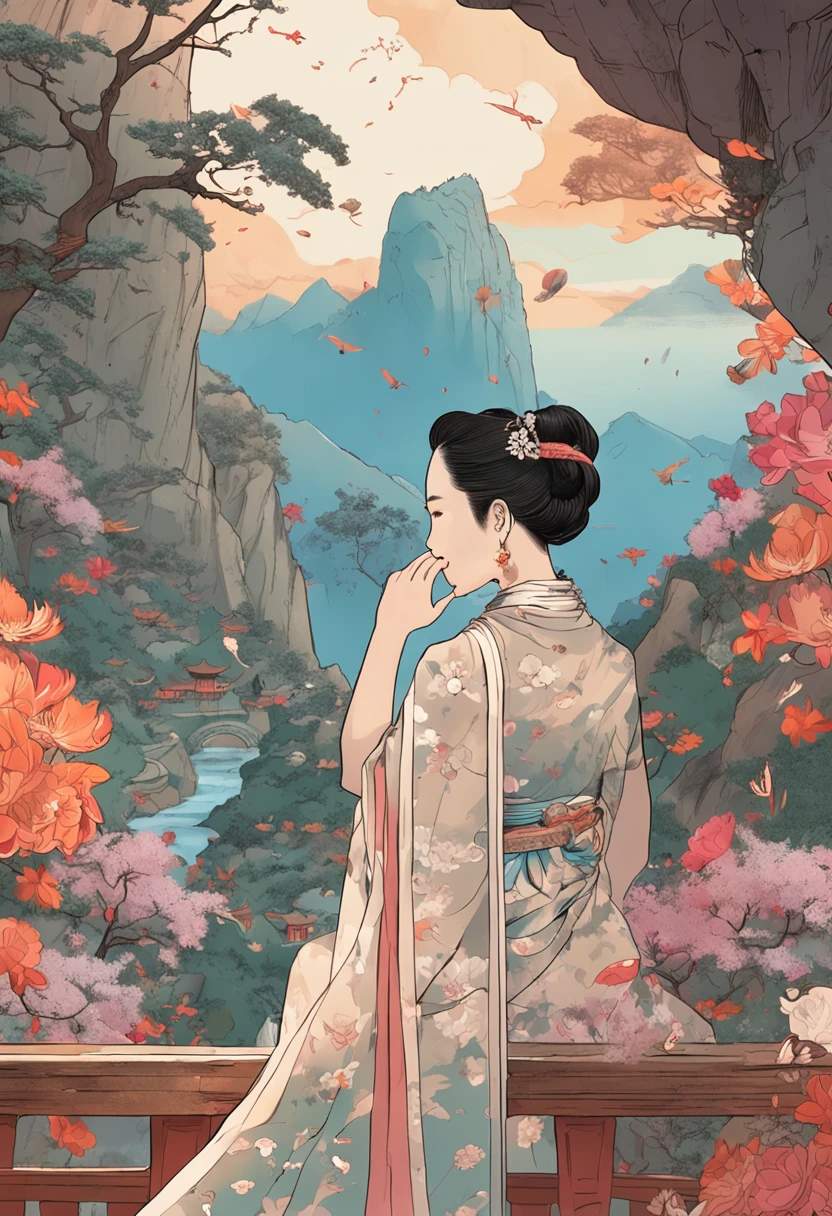 Ghibli style, The beautiful roof of the sky cave is draped under the painting flying for a week,Some bouquets,Some music,Offering to the Buddha。Two flying bodies on the north side of the eastern slope,The image posture is perfect。Both in one bun,Put on a crown of beads,Shirtless,necklace,Armory,Face plump,Eyebrows are beautiful。Holding a flower plate in one hand,Crested head in one hand,Glyphs blooming on the fence wall of the Heavenly Palace,Fly against the wind,The dress flutters,Long ribbons fly,Fly on the body,Flowers fall,Fly under the sky,Colorful clouds swirl,The momentum of the Tang Dynasty's flying sky,But its flight dynamics are also vivid,Empty mountains and rivers 4k wallpaper.sunny ambiance."