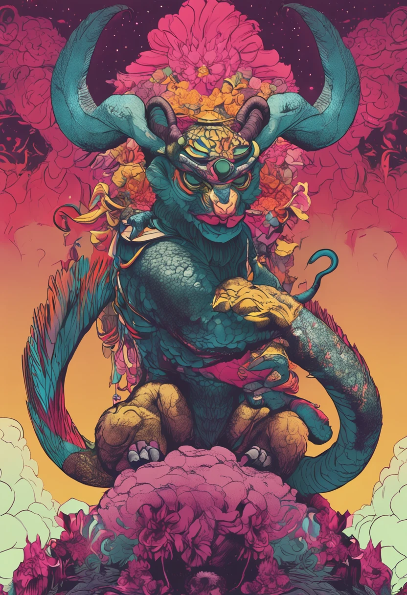 dream colors,tmasterpiece,the detail,film effect,((Rich in color)),mito,An evil creature, Snake body,Sheep horns,A monkey head,Shiny hair,manticore,Rush to the audience,Line,