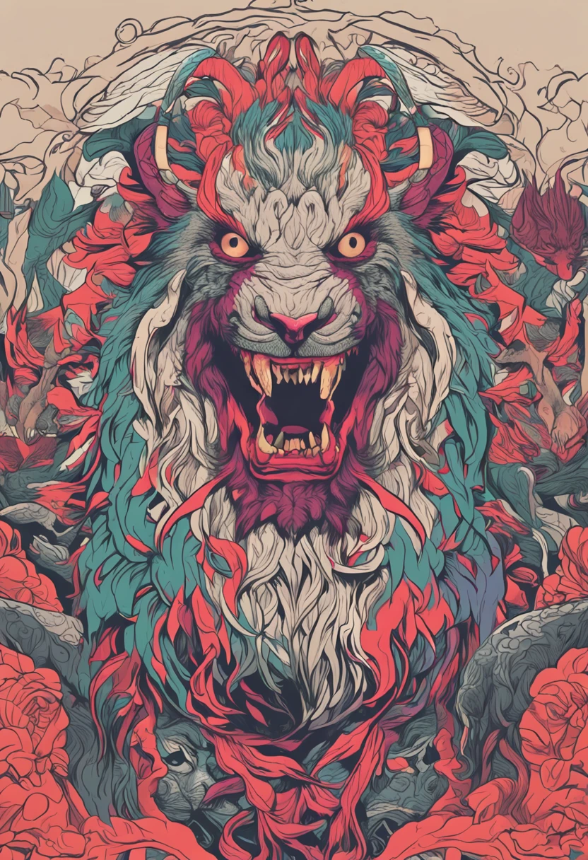 dream colors,tmasterpiece,the detail,film effect,（（Rich in color))，mito，An evil creature, Snake body，Sheep horns，A monkey head，Shiny hair，manticore，Rush to the audience,Line，