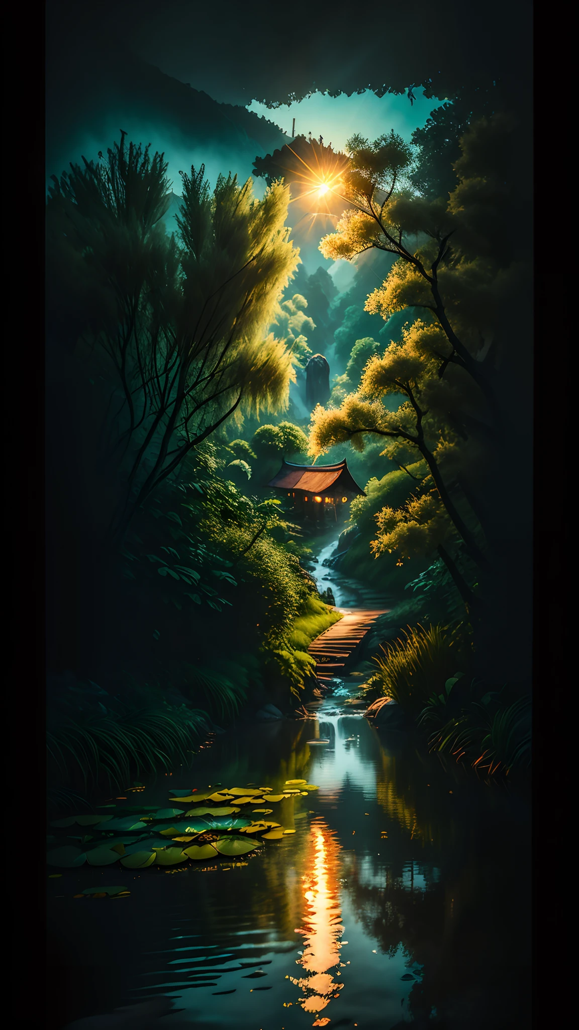 Masterpiece, top quality, green water surface, green lotus leaves, a little duck swimming, wooden waterwheels turning lush, leaves, willow branches hanging down the top of the screen, (leaves on water: 1.0), by Nikon Shooting Lee Jeffries D850 film photo 4 kodak portra 400 camera f1.6 lens rich colors, realistic textures, dramatic lighting trends on Unreal Engine Art Station cinestil800