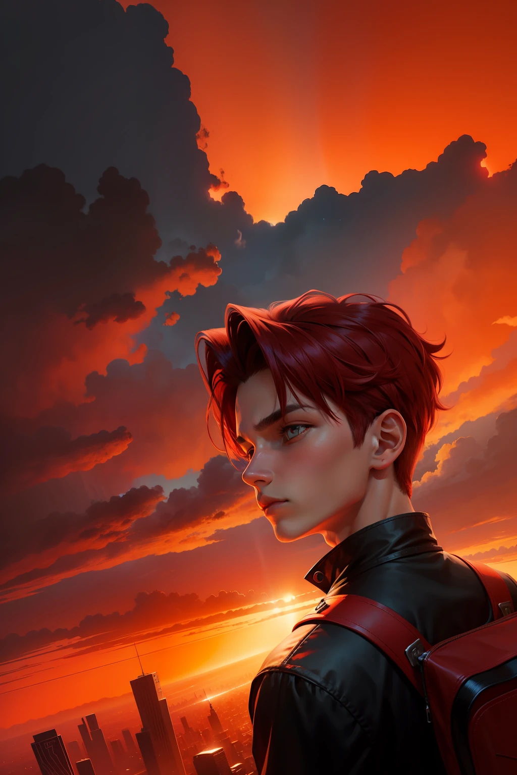 Crimson sky,Two-dimensional boy