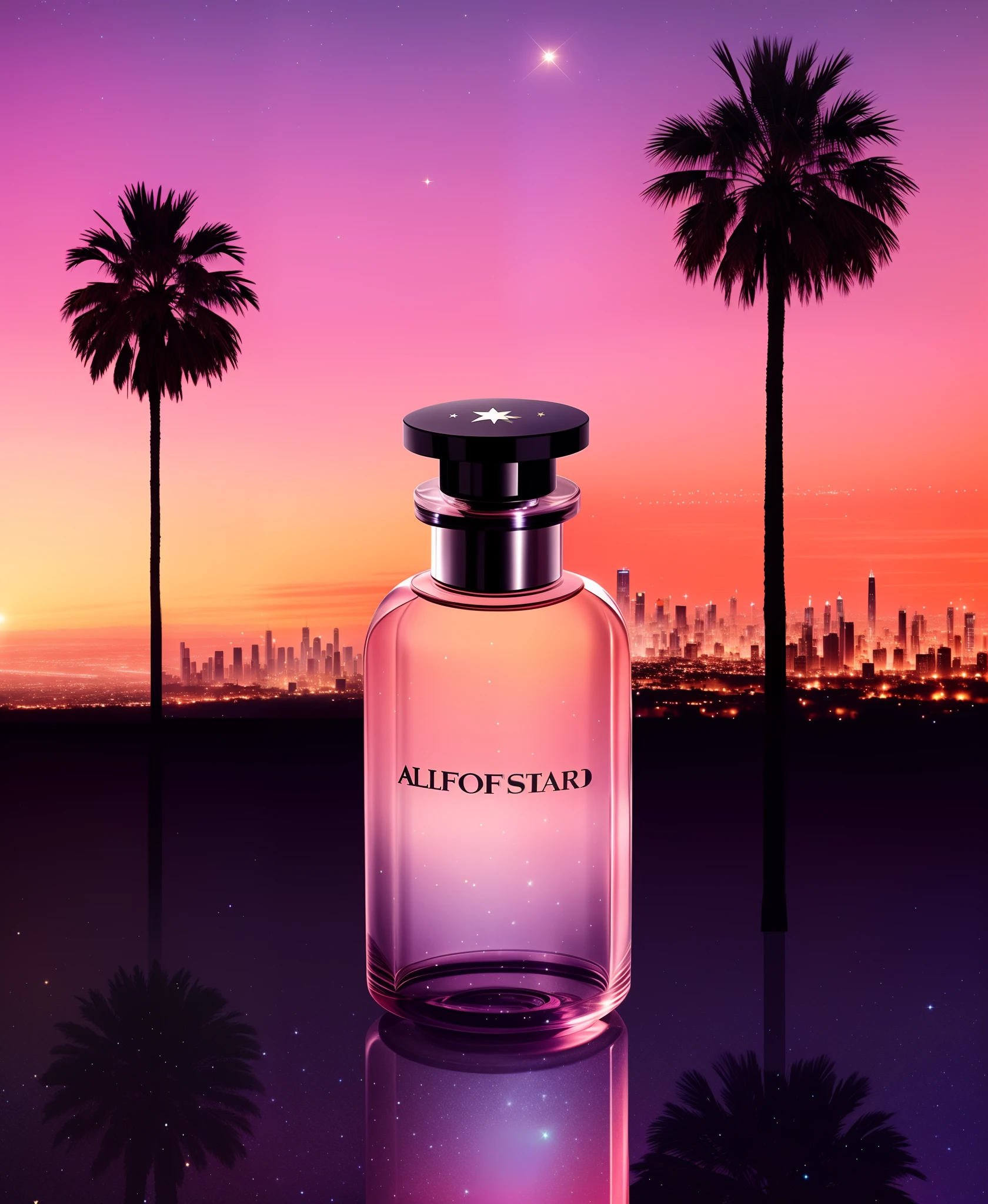 Image of Alafard in a bottle of perfume,The background is a city, perfume, vial of stars, author:Julia Pishtar, Edited, detailled image, City scene, Cityscape, new design, environmental shot, urban backdrop, ethereal starlit city at sunset, Star, City, george, bvlgari, stars, city of industry