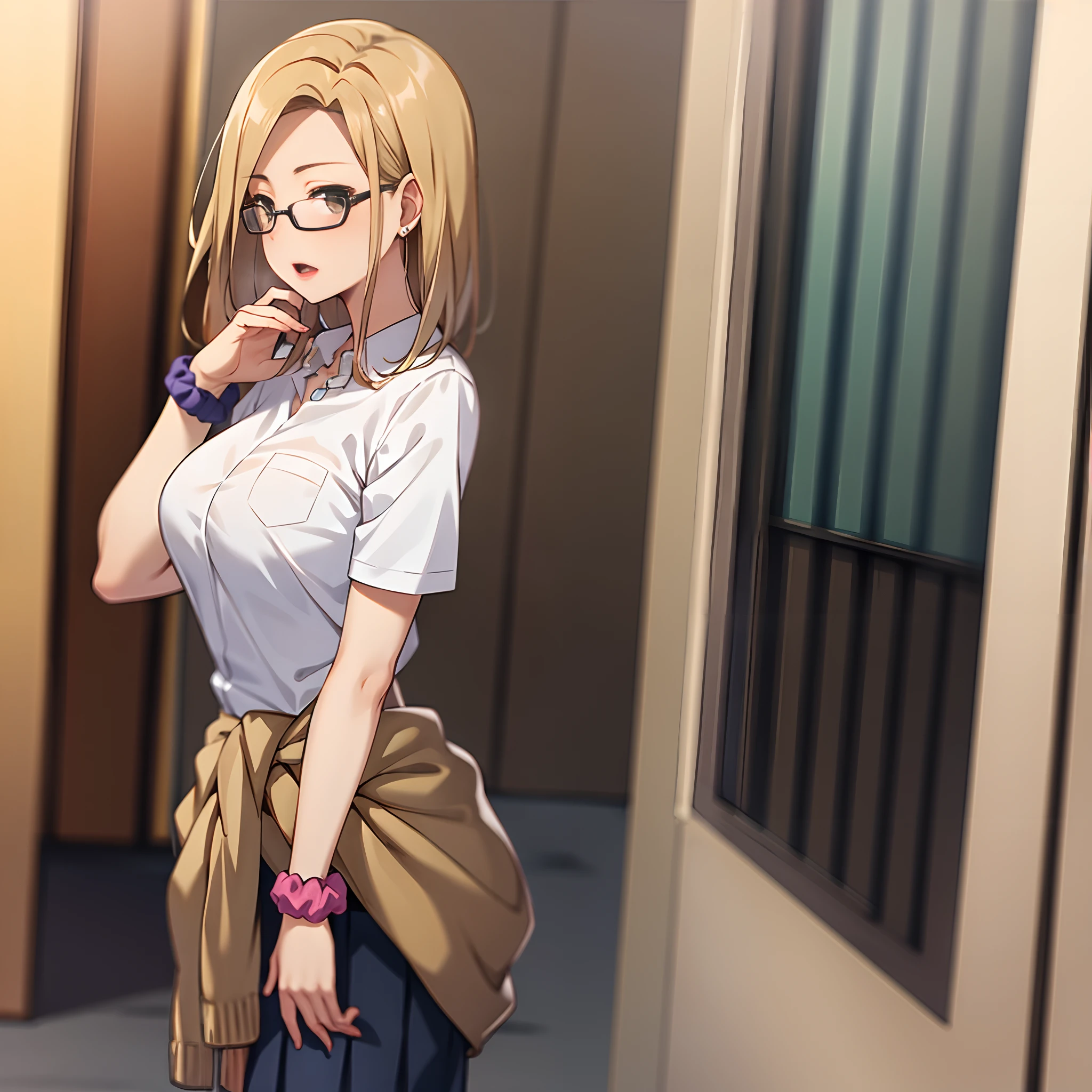 best quality, (masterpiece:1.2), highly detailed, outdoors, day, park,
1girl, solo, yuuki asami,
looking at the viewer, medium breasts, slight smile, open mouth, gyaru,
brown eyes, blonde hair, long hair, dark skin, school uniform, wrist scrunchie, sweater around waist, pleated skirt, (((glasses))), ((rim-less eyewear)), (((mature female))), tall, beautiful, medium breast, milf, (eyewear:0.9)