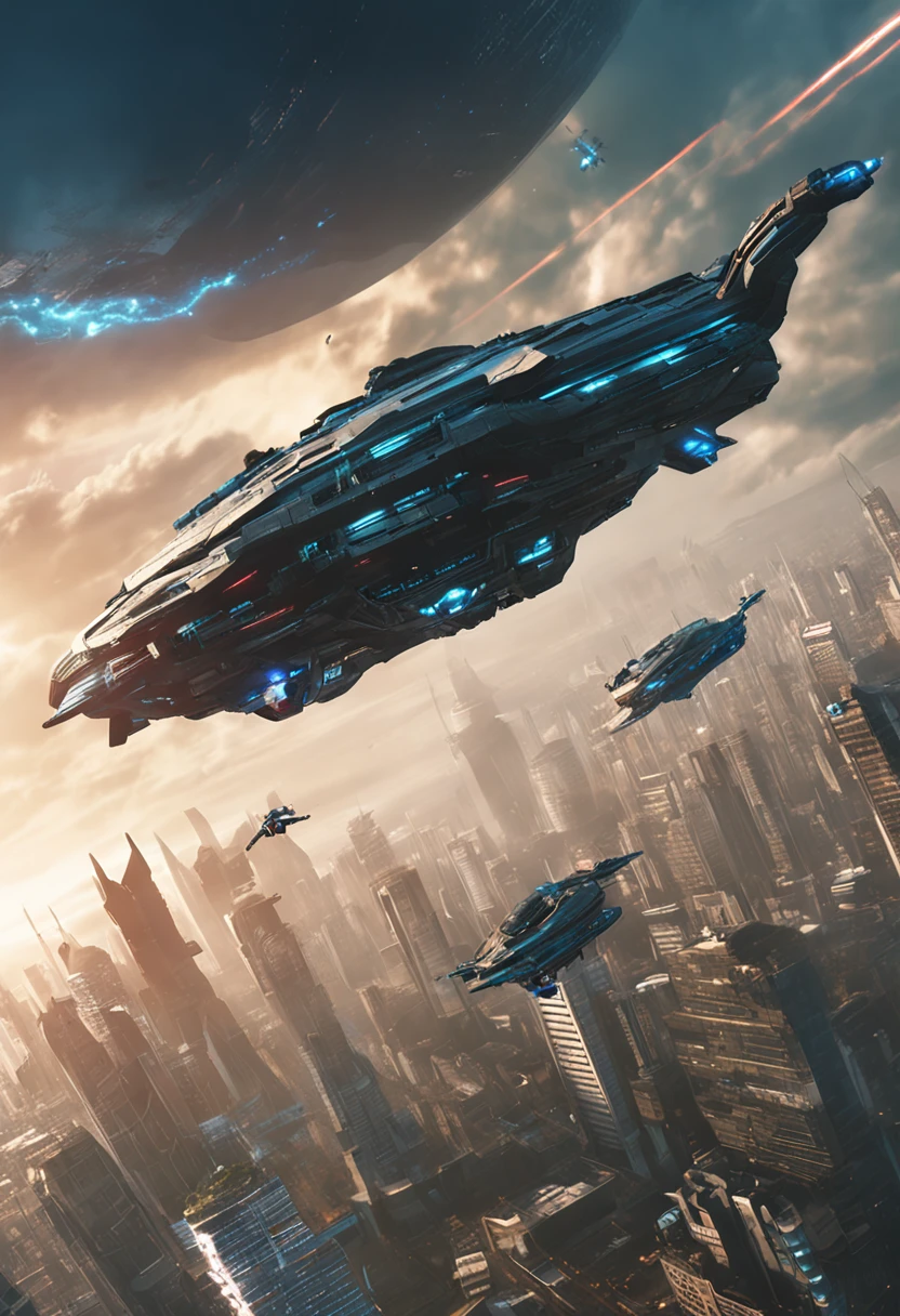 animesque　Looking up　Halo's Covenant battleship is flying overhead　Vast and epic Cyberpunk Tokyo　8k　ighly detailed　top-quality