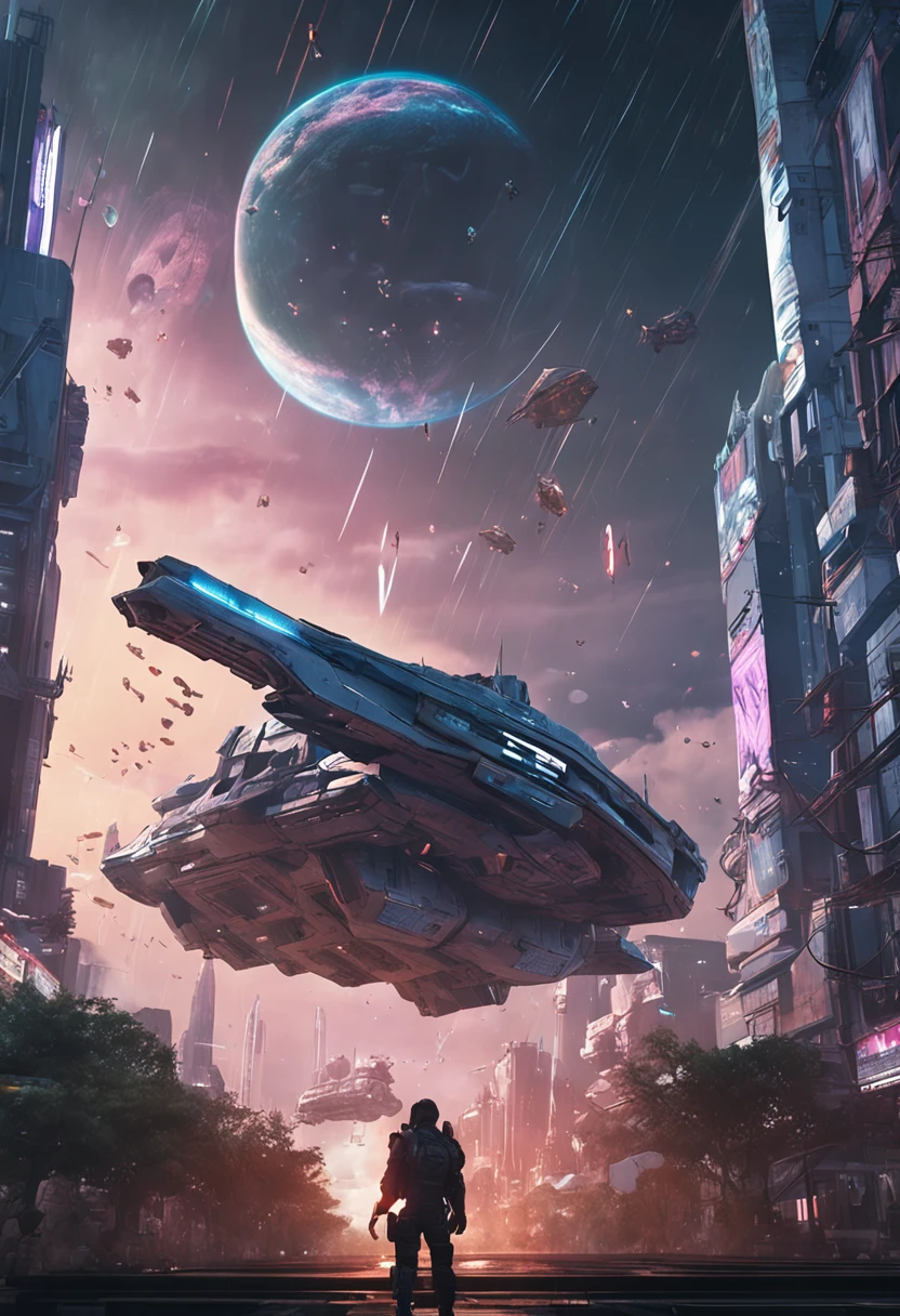animesque Looking up Halo's Covenant battleship is flying overhead Vast and epic Cyberpunk Tokyo 8k ighly detailed top-quality
