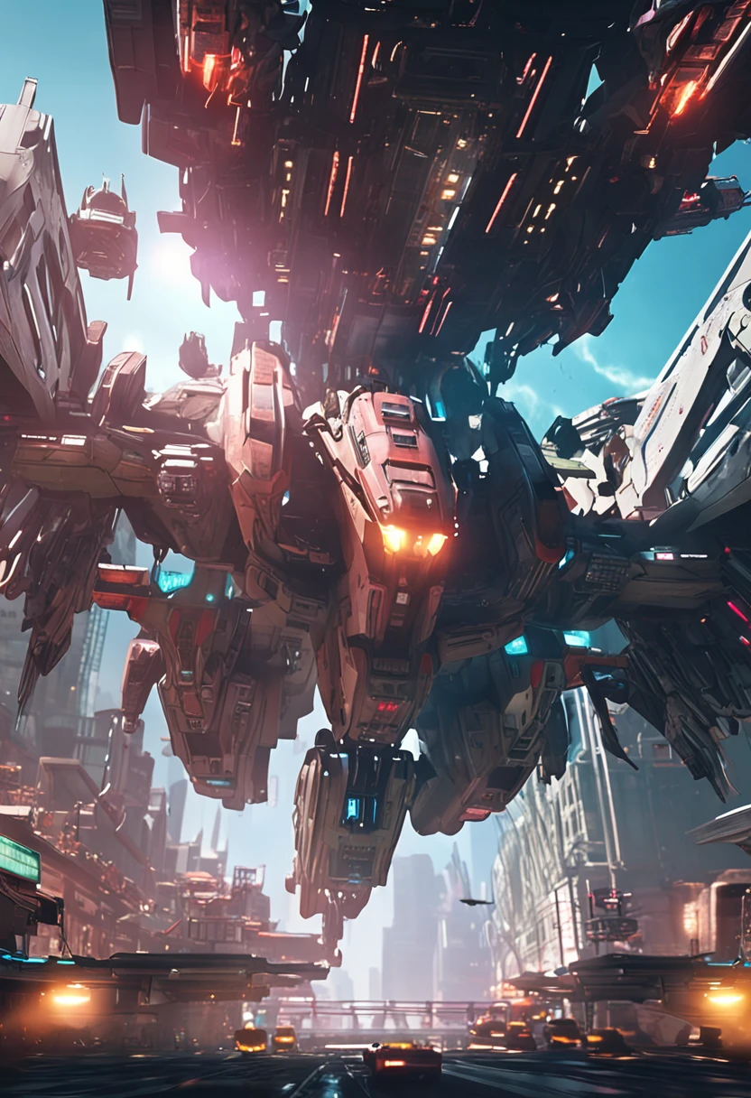 animesque　Looking up　Halo's Covenant battleship is flying overhead　Vast and epic Cyberpunk Tokyo　8k　ighly detailed　top-quality