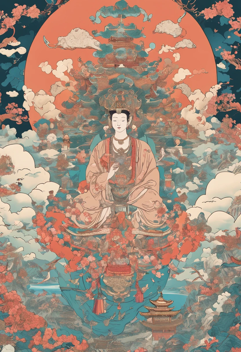 Ghibli style, The beautiful roof of the sky cave is draped under the painting flying for a week，Some bouquets，Some music，Offering to the Buddha。Two flying bodies on the north side of the eastern slope，The image posture is perfect。Both in one bun，Put on a crown of beads，Shirtless，necklace，Armory，Face plump，Eyebrows are beautiful。Holding a flower plate in one hand，Crested head in one hand，Glyphs blooming on the fence wall of the Heavenly Palace，Fly against the wind，The dress flutters，Long ribbons fly，Fly on the body，Flowers fall，Fly under the sky，Colorful clouds swirl，The momentum of the Tang Dynasty's flying sky，But its flight dynamics are also vivid，Empty mountains and rivers 4k wallpaper.sunny ambiance."