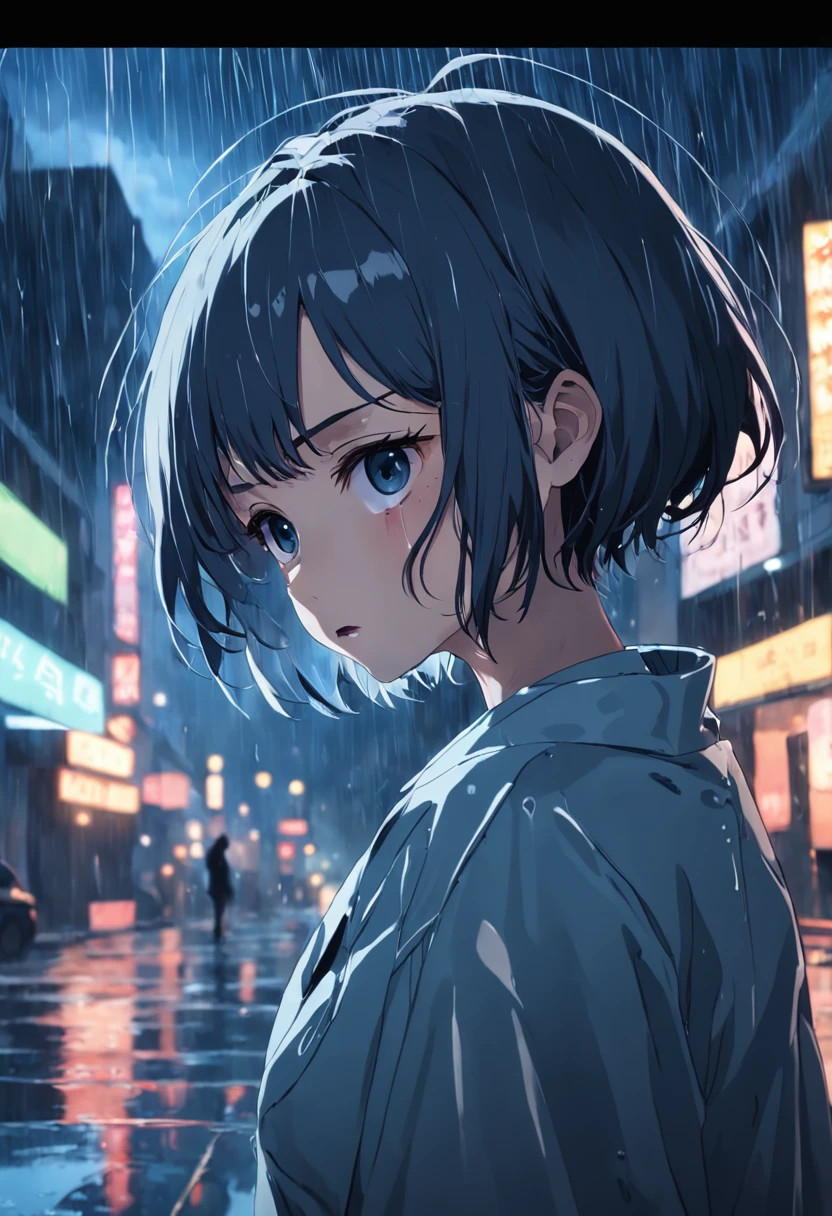 rainy day,a dim room,a faint light,a woman is crying,Bob Haircut,