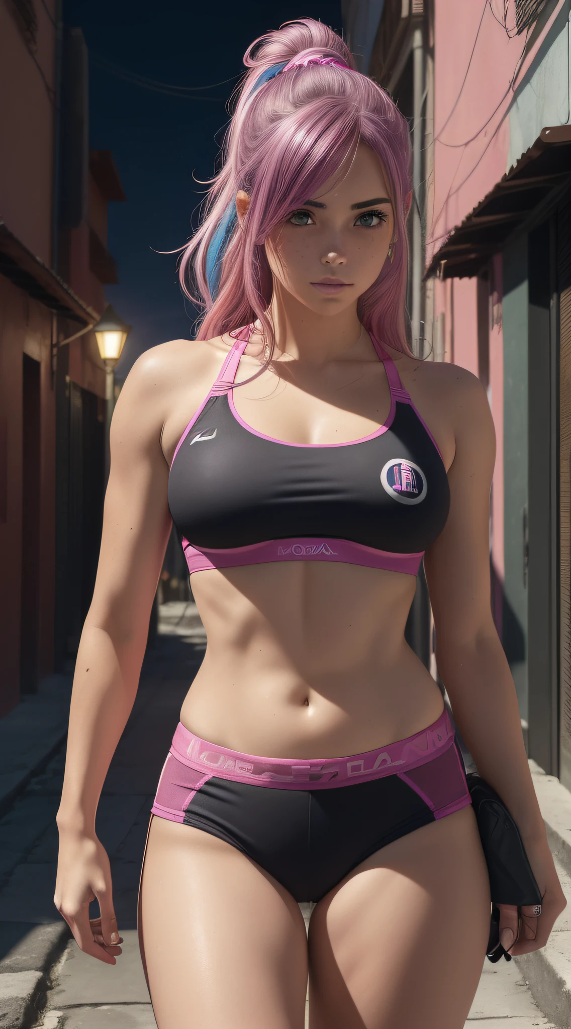 high quality fingers, normal hands, detailed fingers,masterpiece, (realistic, photo-realistic:1.37), (22 years old woman), medium breast, small waist, pink hair , green eyes, beautiful face, perfect illumination, beautiful detailed eyes,looking at viewer, stunningly beautiful woman, detailed hairstyle, detailed background, open sport bra, shorts, in city, (sweat:1)
