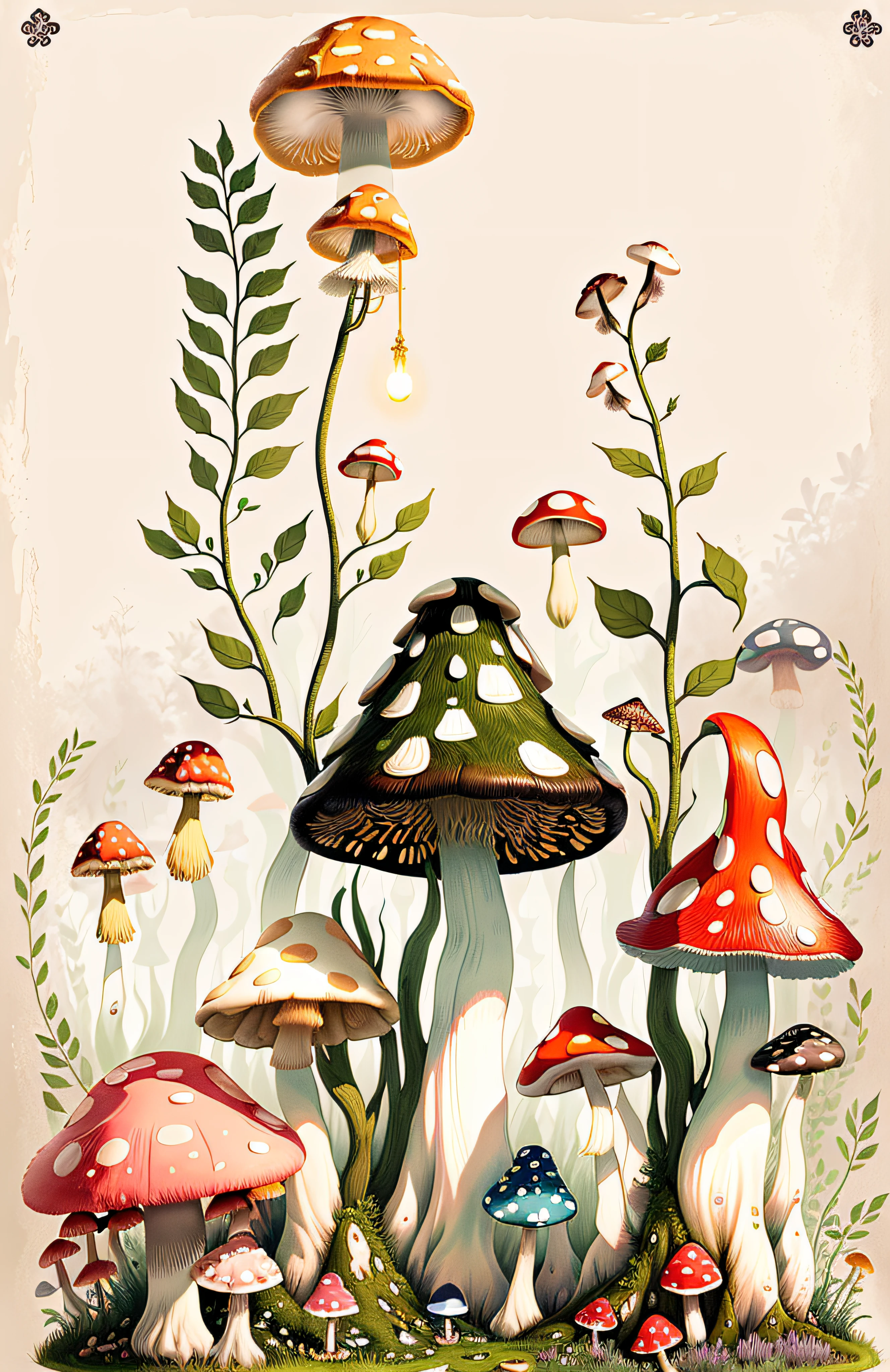 There are many mushrooms and plants in the grass with the moon, whimsical forest, mushrooms and plants, illustrated in whimsical style, toadstools, Mushroom forest, fungus and plants, Cogumelos, fairy tale forest, Mushrooms are everywhere, Mushrooms, magic mushrooms, enchanted magical fantasy forest, made of mushrooms, mycologist, magic mushrooms, mushrooms grow from the body, amanita
