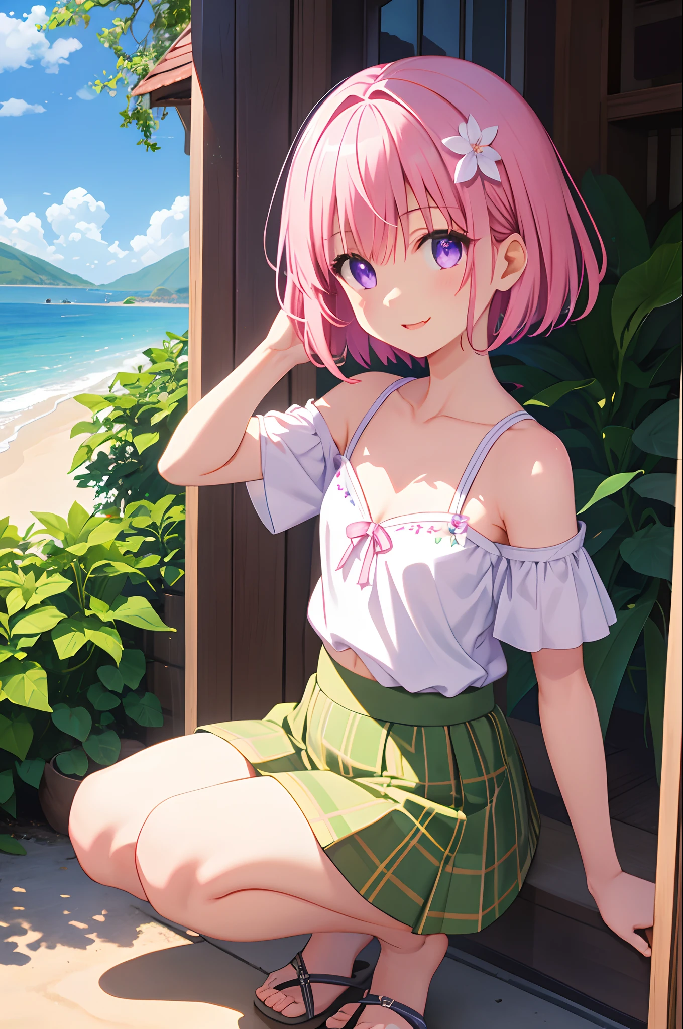 ph momo, momohd, phmomo, solo, 1girl, pink hair, purple eyes, short hair, hair flower, masterpiece, best quality, highres, 1girl, solo, fang, skin fang, short hair, (mole on thigh:0.8), bangs, hair behind ear, purple eyes, hair ornament, open mouth, beach, smile, squatting, small chest, short height, ***********, flat chest, small, cleavage, ((bare shoulder)), exposed, loose shirt, navel, presenting armpit