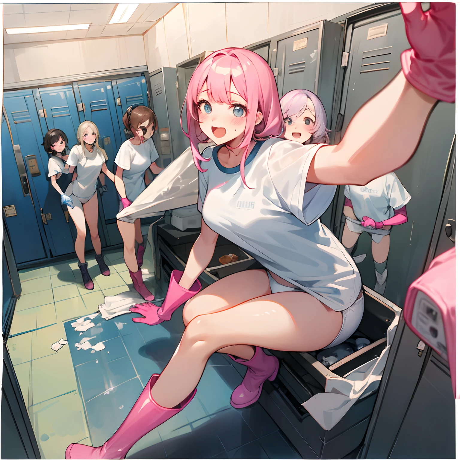 (masuter piece、hightquality)、multipel Girls、hi-school girl、Locker room in the gymnasium、(white  panties)、white t-shirts、(Group Selfies)、rubber glove、Pink rubber gloves、Pink cooking gloves、Long gloves、Glossy gloves、whole body soaked、long boots、boot、Nasty face、Bully、cleaning