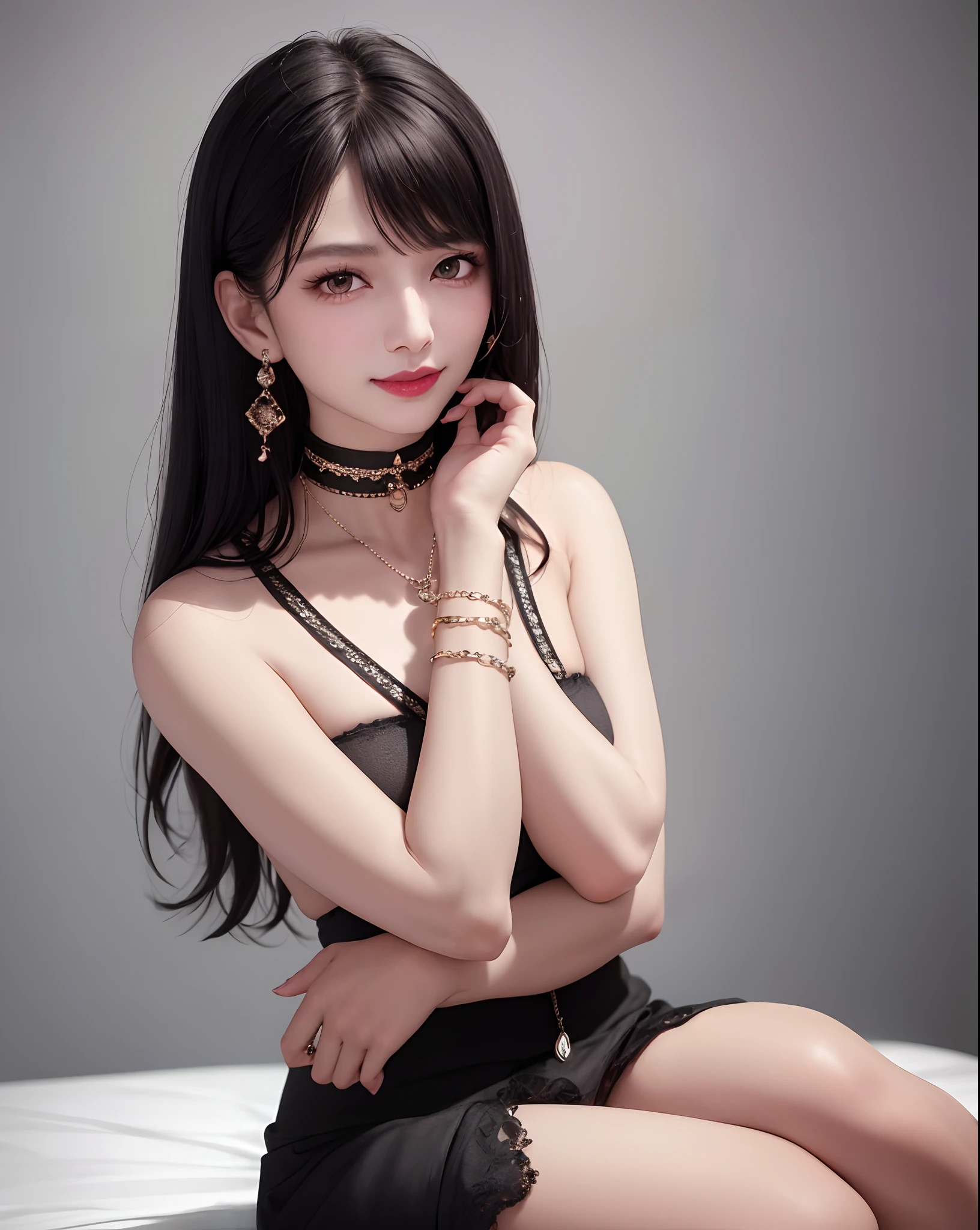 masterpiece,best quality,ultra-detailed,8K,detailed light,detailed shadow,RAW, (detailed skin),(realistic:1.2),
1girl,face,
pilyeon, black nails, jewelry, Long hair, looking at viewer, choker, necklace,piercing, white background, heart, closed mouth, grey eyes, nail polish, simple background, black hair, ear piercing, black choker, smile, eyelashes, lips, hand on own cheek, bangs, bracelet, beads, gem, earrings, fingernails