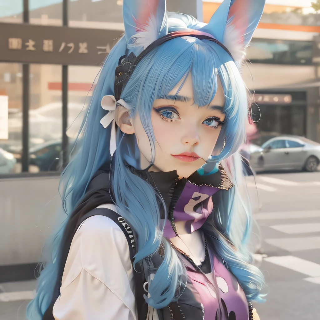 colored inner hair, blunt bangs, light blue hair, absurdly long hair, tentacle hair, sunglasses, ta hairband, bunny hair ornament, mole under eye, aqua eyes, half-closed eye, purple eyes, fake animal ears, clenched teeth, shy, covering eyes, light blush, rococo style, cinematic lighting, ccurate, high details, UHD