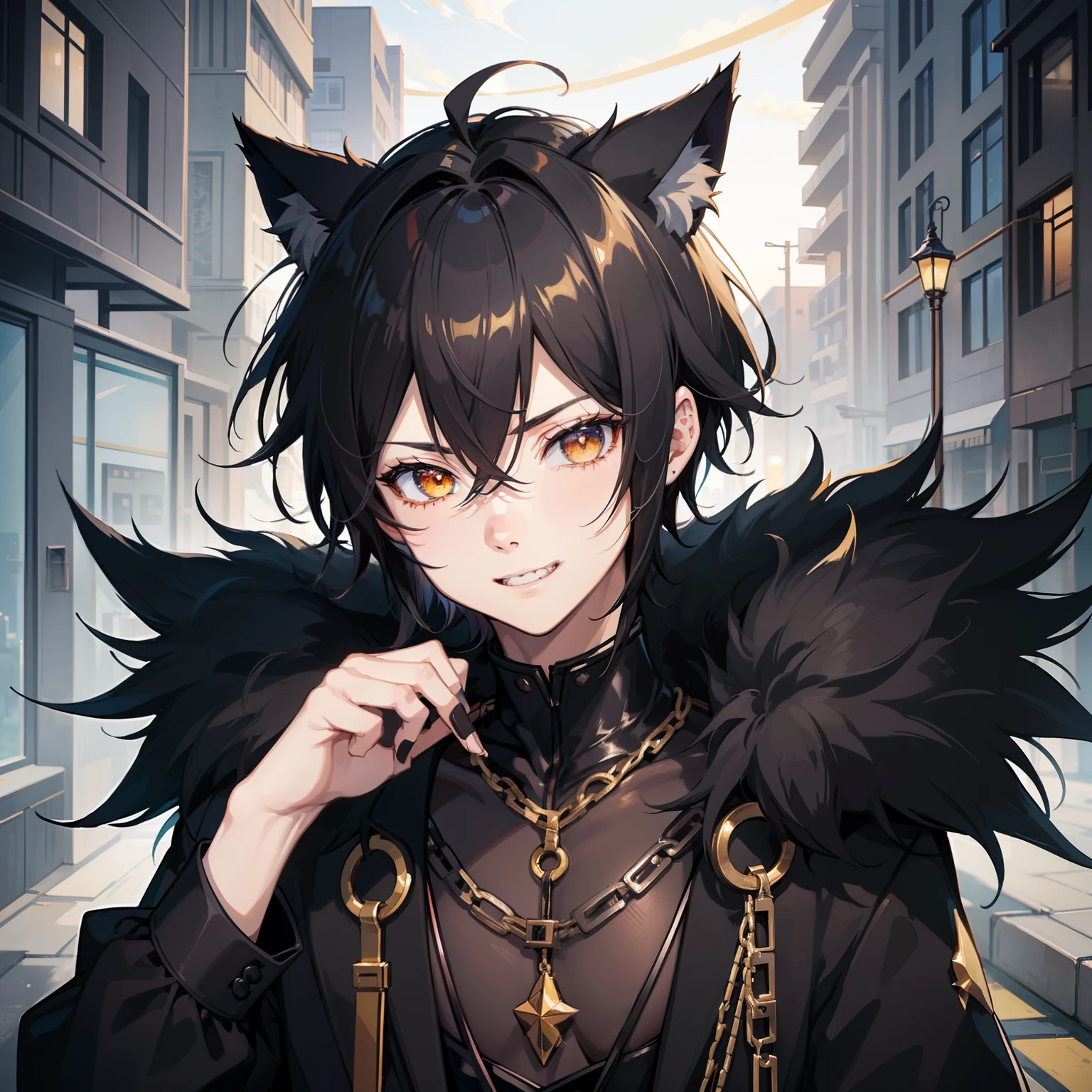 best quality, anime boy, 1boy, male, spiky black hair, short hair, messy spiky hair strands, golden eyes, extremely detailed eyes, empty eyes, black fur coat, cat ears, animal ears, black feline tail, chain around the neck, serrated teeth smile, no blush, smile