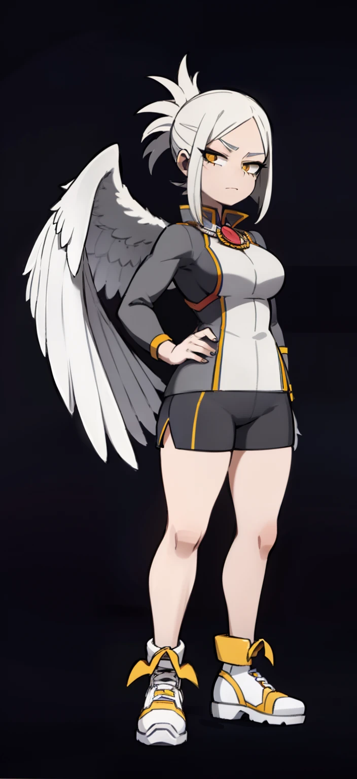 My Hero Academia Style, Anime Girl, Female, Trending on ArtStation Pixiv, (Full Body Shot: 0.5), Wide Hips, Wide Thighs, Large Breast, Pterodactyl Face, Short Hair, Ash White Hair, Yellow Eyes, Pterodactyl Snoot, pterodactyl crest, feathered wings on back, feathered wings, wings on back, white feathers, ash white plumage, Long-sleeved gray tunic with dark gray piping, long-sleeved gray tunic, gray tunic with piping, dark gray piping tunic, gray tunic, piping tunic, red boots, orange headband, orange headband, ribbon, gaze perky, smug, looking at viewer, super detailed, perfect anatomy,