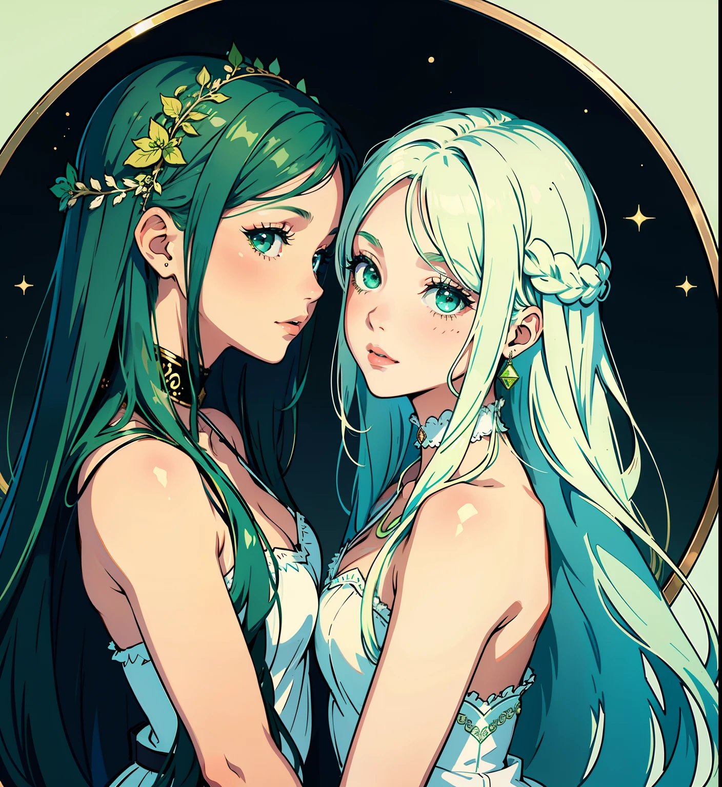 adesivo, fundo simples, portrait, 2 girls, couple, kissing, girl with long hair, beautiful virgo girl, virgo aesthetic, beautiful girl, very beautiful fantasy art, beautiful and elegant female virgo, beautiful detailed fantasy, white and green color palate, green color-theme