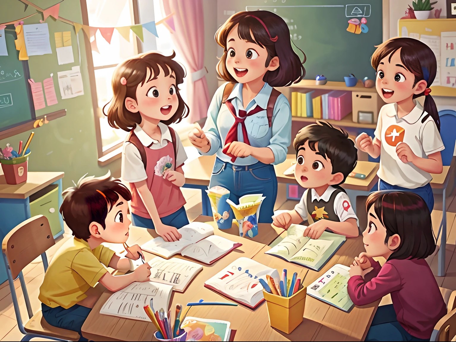 A teacher,3 students,Kindergarten students,Play games together in the room,No tables and chairs,KIDS ILLUSTRATION,Pubic area is clear,Clear fingers