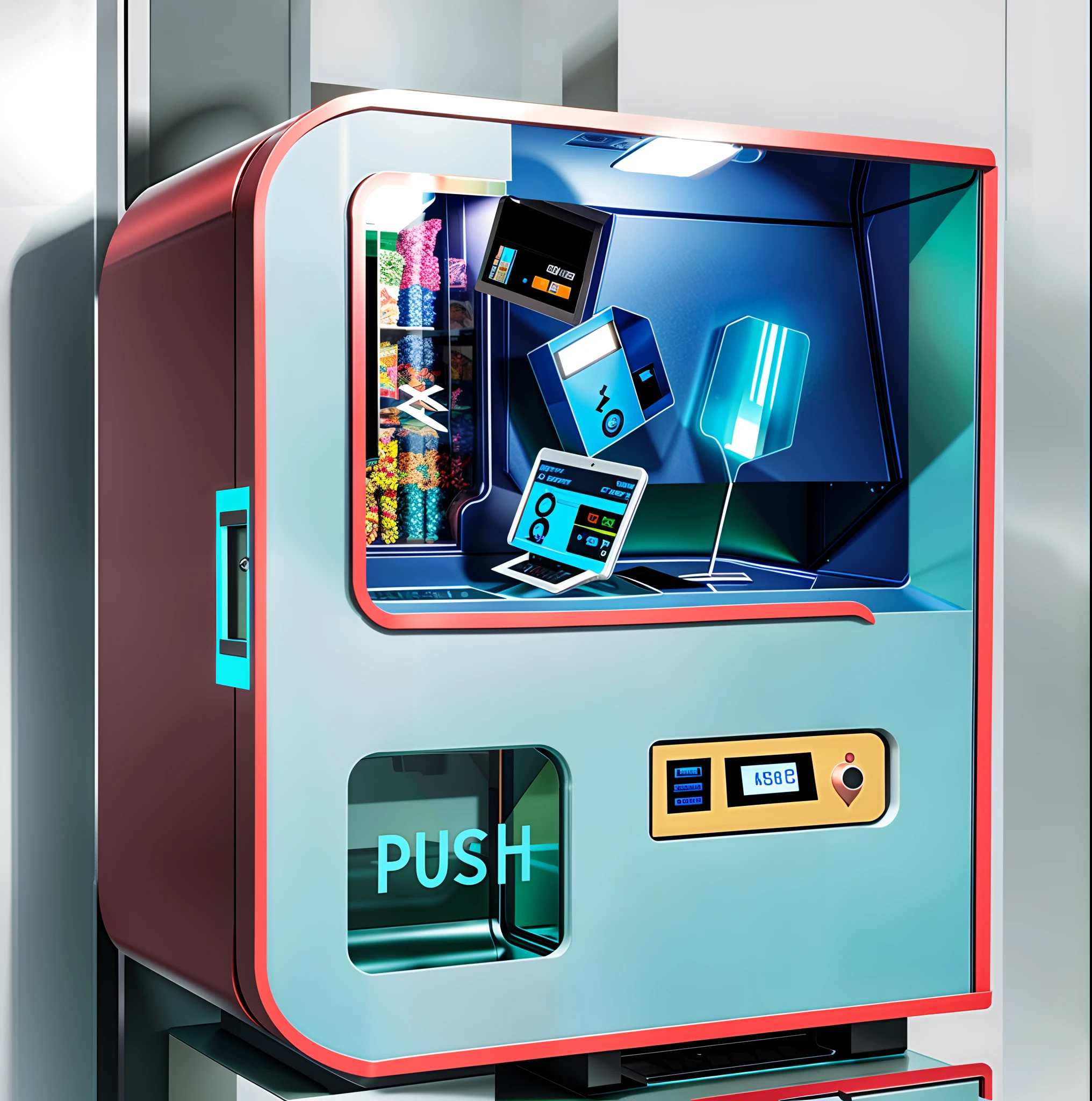 Card vending machines， In the upper left corner is the monitor panel， The three compartments on the right are product display cases，In the lower left corner is a glass panel for picking，Light blue-red design with a minimalist design，Comic reflective material