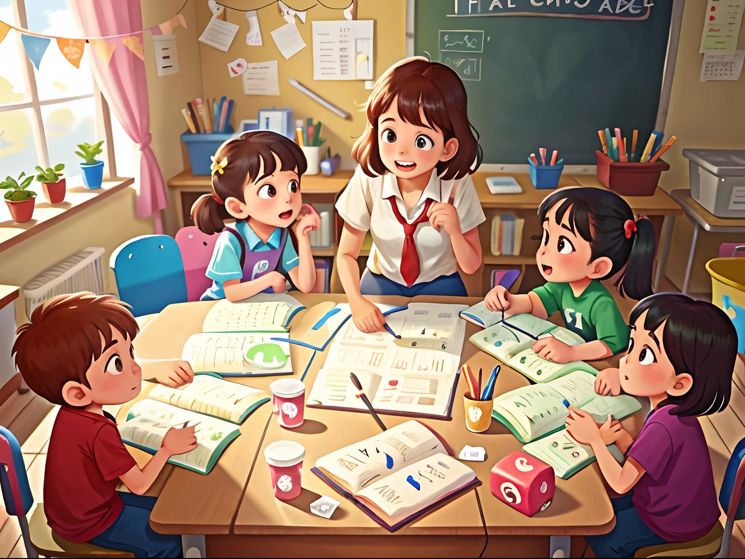 A teacher,3 students,,Play games together in the room,No tables and chairs,KIDS ILLUSTRATION,Pubic area is clear,Clear fingers