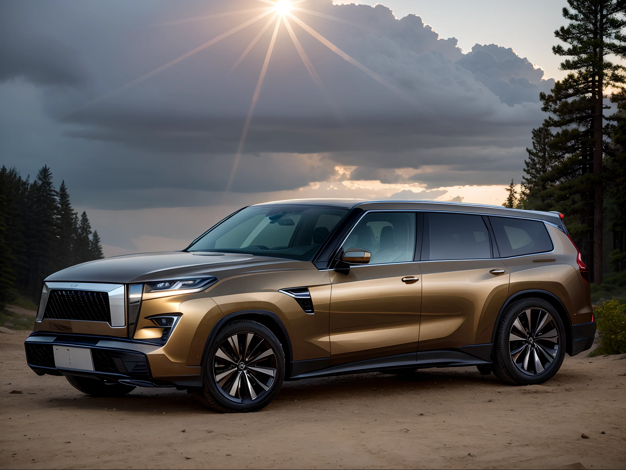 SUV，All-in-one medium grid，  tmasterpiece， Best quality at best， high qulity， realistic scene， A high resolution， Sharp， on focus， 4K， Very detailed， forest backgrou，Excellent image quality，The body line is tough。Straight waistline。lots of trees around，earthy。