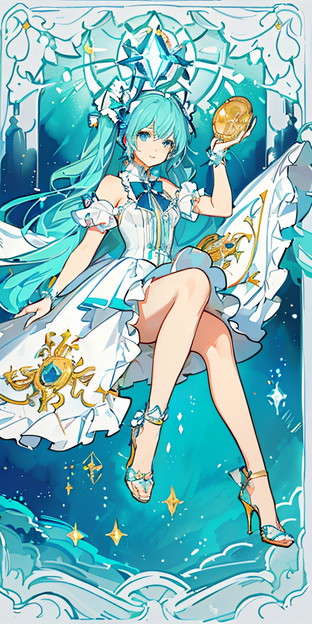 Anime characters with blue hair and white dress holding gold coins, vocaloid, Pisif style, Pisif, sparkling magical girl, Pisif Contest Champion, magical little girl, anime art nouveau, Anime goddess, Anime princess, Beautiful celestial mage, Detailed key anime art, [ tarot cards ]!!!!!, Hatsune Miku, at pixiv, magical dress, anime illustration