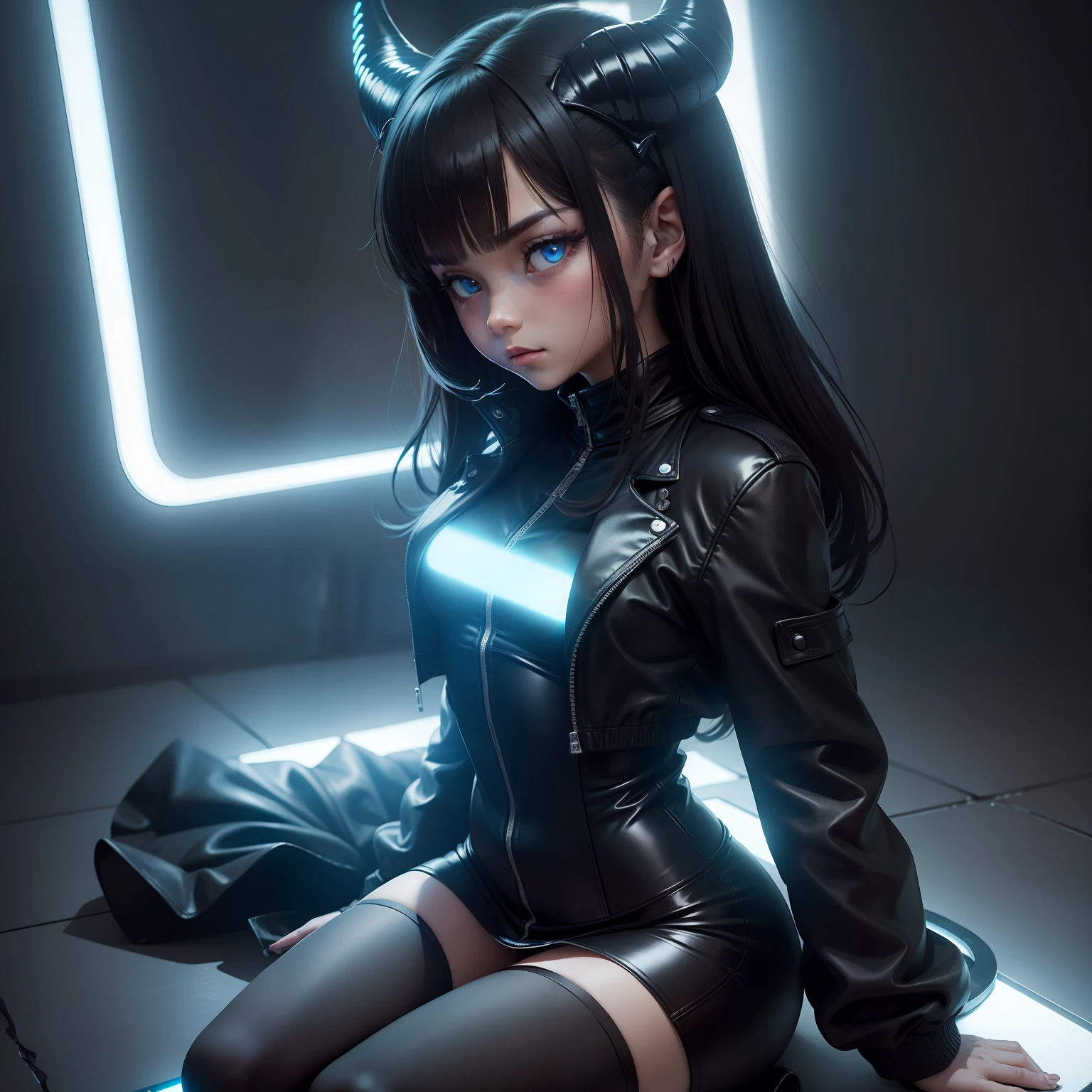Evil girl in another world,Wearing a black tight leather jacket,Uneven figure and delicate face,Sit on the glowing summoning array,Blue light is emitted around it,There are small demon horns on the head。