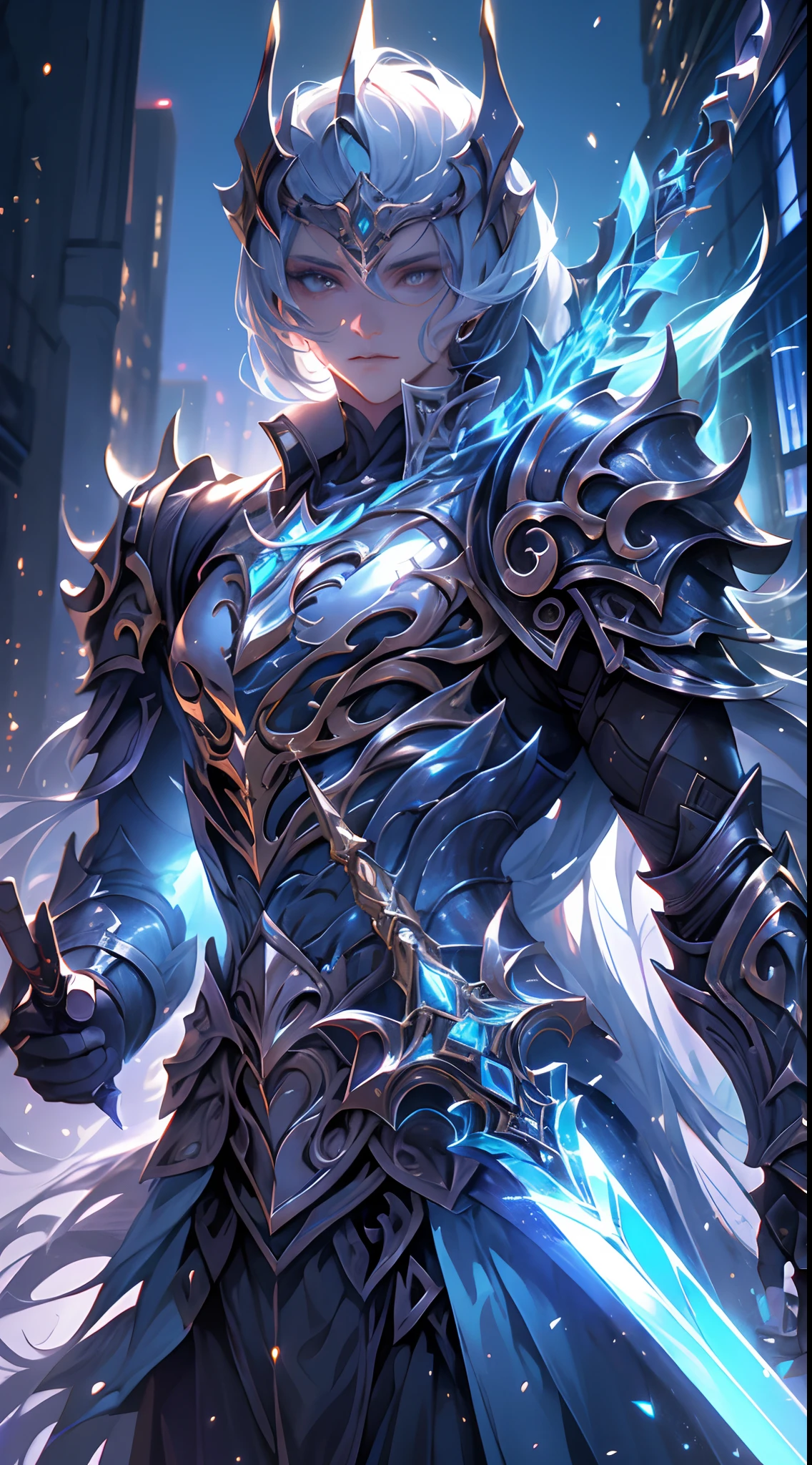 "An awesome paladin wields a sword full of light, Exudes powerful light magic. Set in a dark and mysterious cityscape, Illuminated by the light of the Paladin's Sword. The composition is professionally crafted, Amazing attention to detail and cinematic lighting. The overall aesthetic is reminiscent of Fujifilm photography, Capture the beauty and depth of the scene."