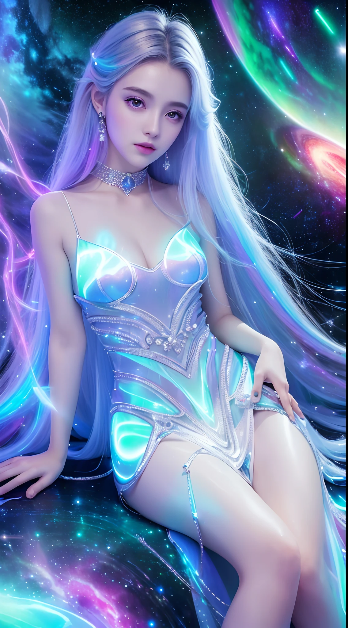 4K ultra hd, masterpiece, a girl with a magical aura, good face, long hair, shining hair, detailed eyes, glossy lips, wearing a dress in color silver, aura around the body, magical effects, spreading white and green lights, Cosmic elements and ethereal atmosphere, A mix of bright lights and colorful nebulas, universe background, sitting, whole body capture.