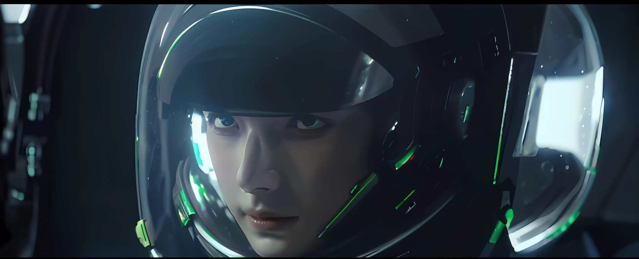 A woman in a spacesuit stares into the camera, Highly detailed VFX portrait, Adam Driver as Master Chief, highly detailed vfx portrait of, ps5 cinematic screen capture, from a 2 0 1 9 sci fi 8 k movie, video game cinematic, highly detailed vfx, stunning vfx, in a scifi movie, hyper - realistic vfx render, hyper - realistic vfx render