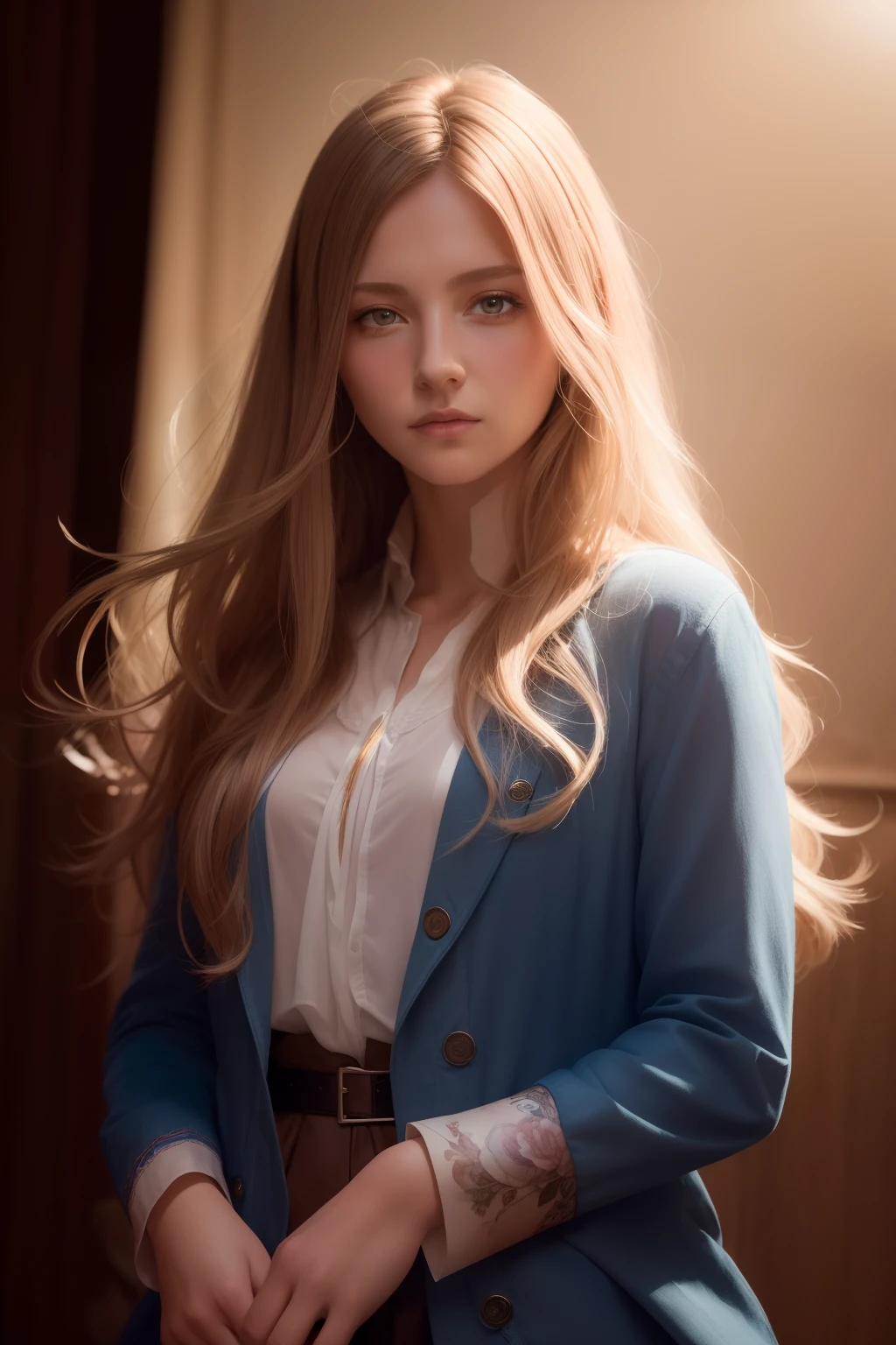 Hyperrealist portrait of female by david hockney and alphonse mucha,fantasy art, photo realistic, dynamic lighting, artstation, poster, volumetric lighting, very detailed faces, 4 k, award winning,, 1girl, in the dark, deep shadow, low key,cowboy shot,(official clothing:1.4) ,long hair,white hair,
