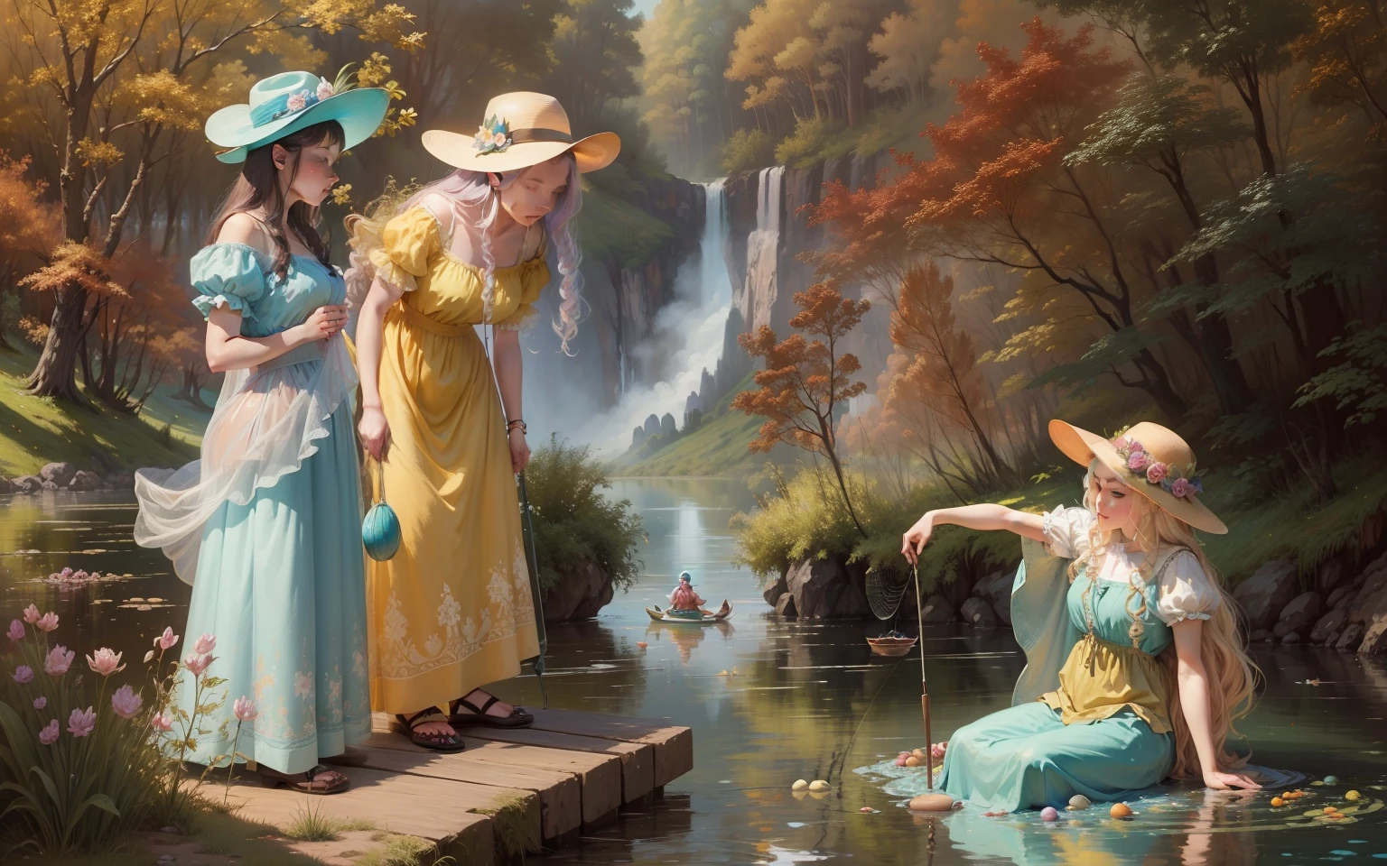 1800s Whispering Willows by the Time-Warping Pond (Location: Time-Warping Pond)
Character: A child with emerald-green eyes, dressed in Victorian attire, discovers the secrets of time at a whispering willow by a time-warping pond during the 1800s. Wes Anderson's willow palette paints a scene of temporal wonder.