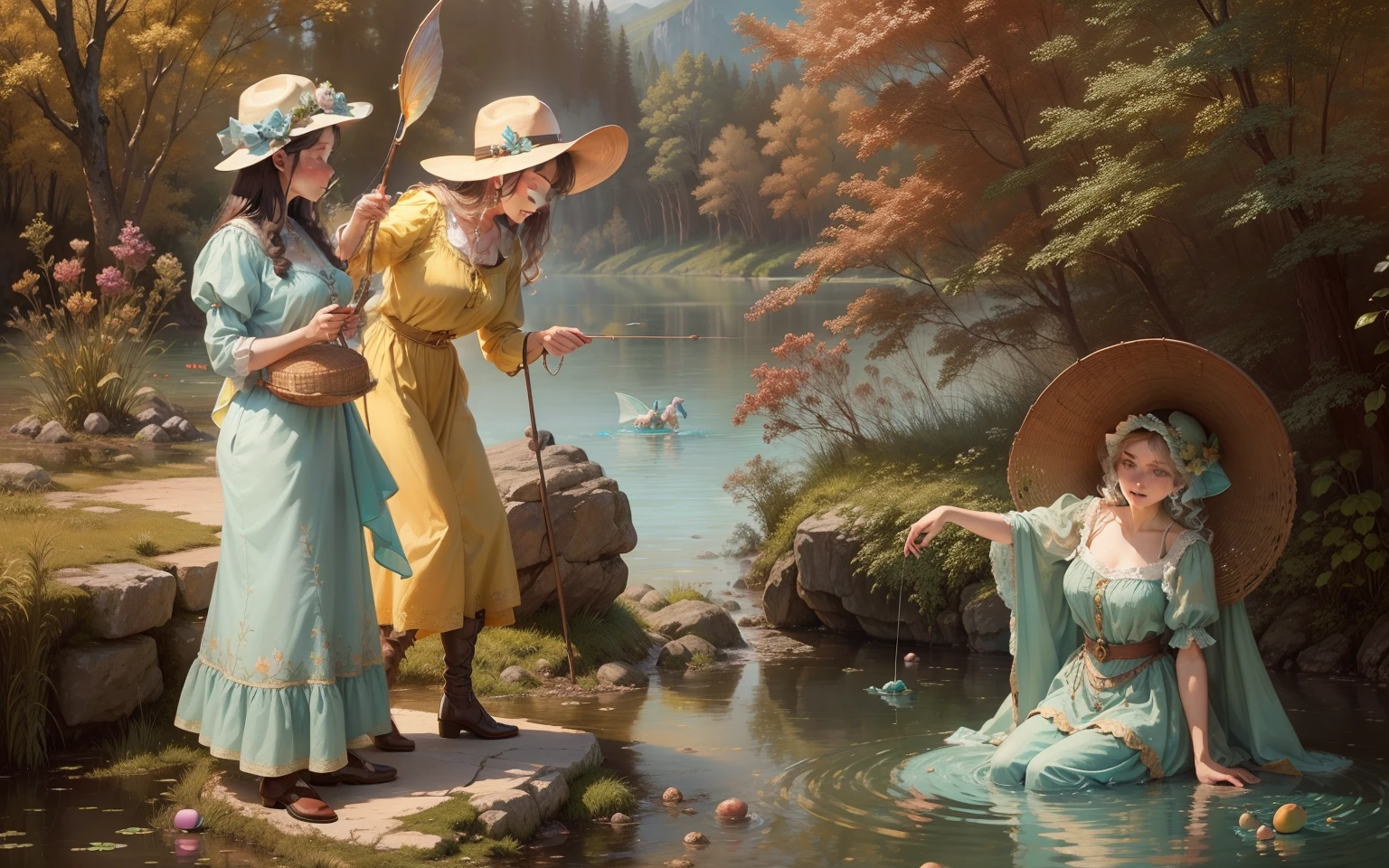oil painting ladies in a lake, fairies and tiny fish and nets, fishing 24k resolution great detail, water turquoise, the color of easter eggs, pastels