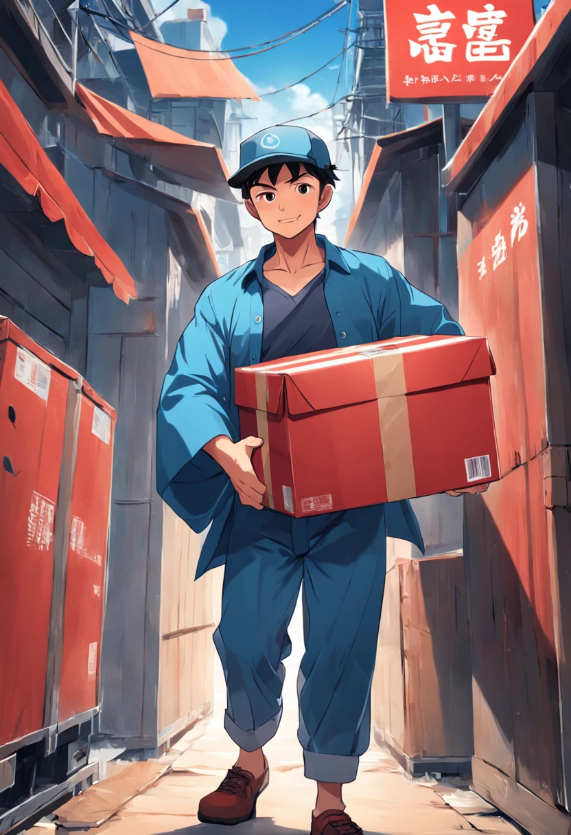 fundo vermelho,Asian man with pleasant expression,Wear a blue shirt and hat,Carry two large parcel boxes,Give a thumbs up to Amazon packages,high quality product,Vector illustration