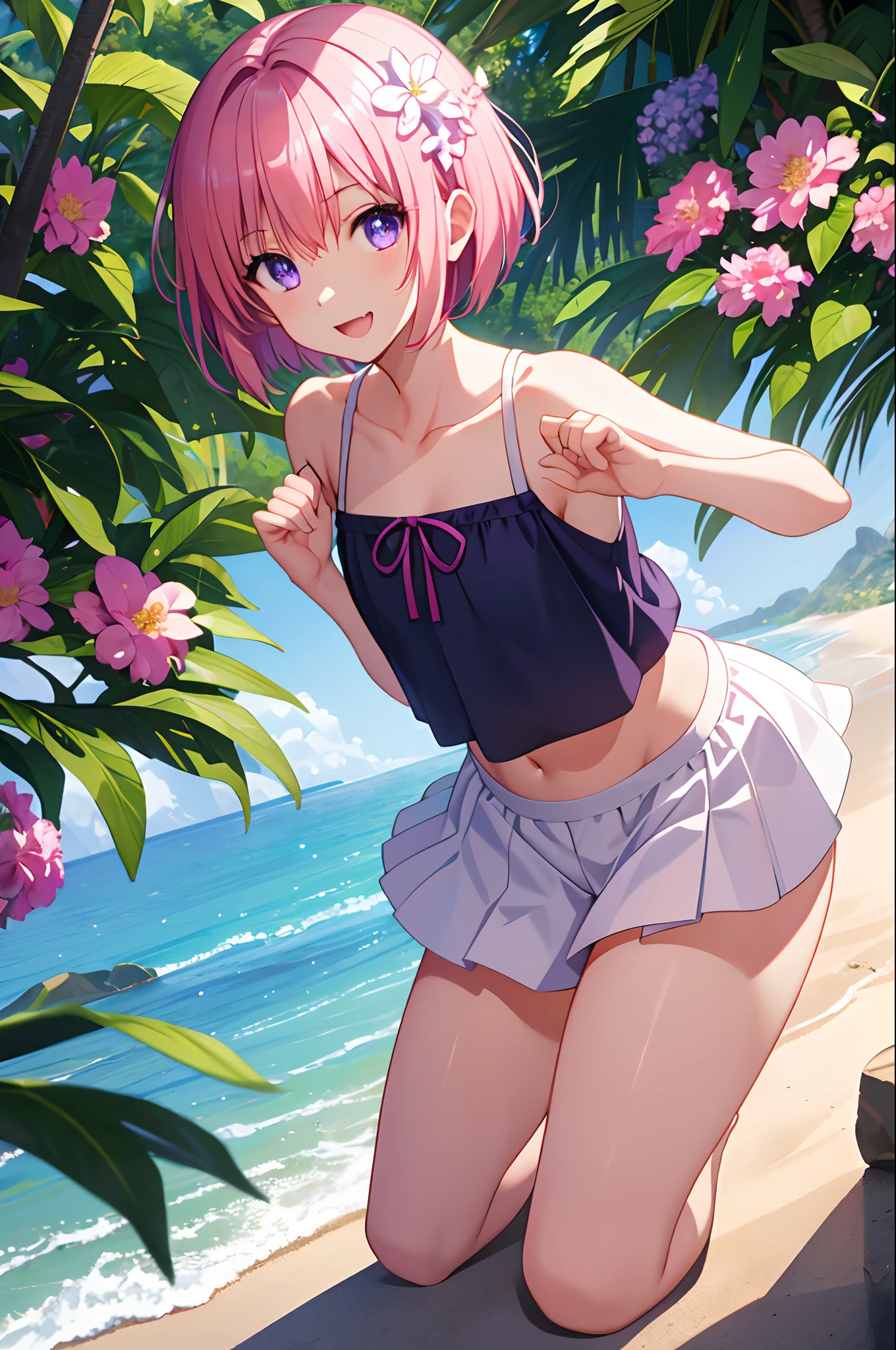 ph momo, momohd, phmomo, solo, 1girl, pink hair, purple eyes, short hair, hair flower, masterpiece, best quality, highres, 1girl, solo, fang, skin fang, short hair, (mole on thigh:0.8), bangs, hair behind ear, purple eyes, hair ornament, open mouth, beach, smile, squatting, small chest, short height, ****** girl, flat chest, small, cleavage, ((bare shoulder)), exposed, loose shirt, navel, presenting armpit