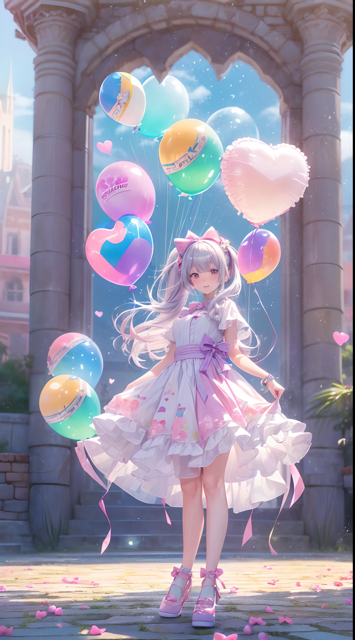 (fullbody, legs and shoes visible: 1.2)) expressive eyes, woman, pale skin, long hair, windblown hair, ((absurdly long hair)), long sidelocks, hime bangs, hair fringe, hair bun, ((very long twintails)), iridescent hair, light pink hair, blushing, full face blushing, big sparkling pastel purple eyes, (gradient eyes), open mouth smile, cute pose, ((holding balloons : 1.3))
((cute and pastel fashion)) ((🌞🥳😃🌹🌷🌳 theme : 1.4)) flowy pastel dress, ((dreamy multicolored open dress)), (floating ribbons), lavender ruffles, pink frills, (light blue lace), detached short sleeves, puffy skirt, ((rainbows and stars print skirt : 1.3)), lolita skirt, purple bows, ((pompon ribbons hair ornament : 1.4)), multiple bows, striped lace stockings, (heart shaped leg garter), cute (pastel purple) shoes ((hyperdetailed clothing and fashion)) looking at you, vintage girl, blushing, (beautiful detailed eyes), (extremely detailed CG unity 8k wallpaper) (best shadow), ((an extremely delicate and beautiful)), (detailed light), ((depth of field)) big head, big sparkling eyes, moe, splash art, cinematic lighting, frontal view, volumetric lighting maximalist photo illustration 64k resolution high res intricately detailed complex key visual precise linear
((in the dreamy pastel sky background, surrounded by sunset clouds, shooting stars, castles in the clouds)) ((hyperdetailed scenery, foggy clouds, suspended by balloons, hearts : 1.3))