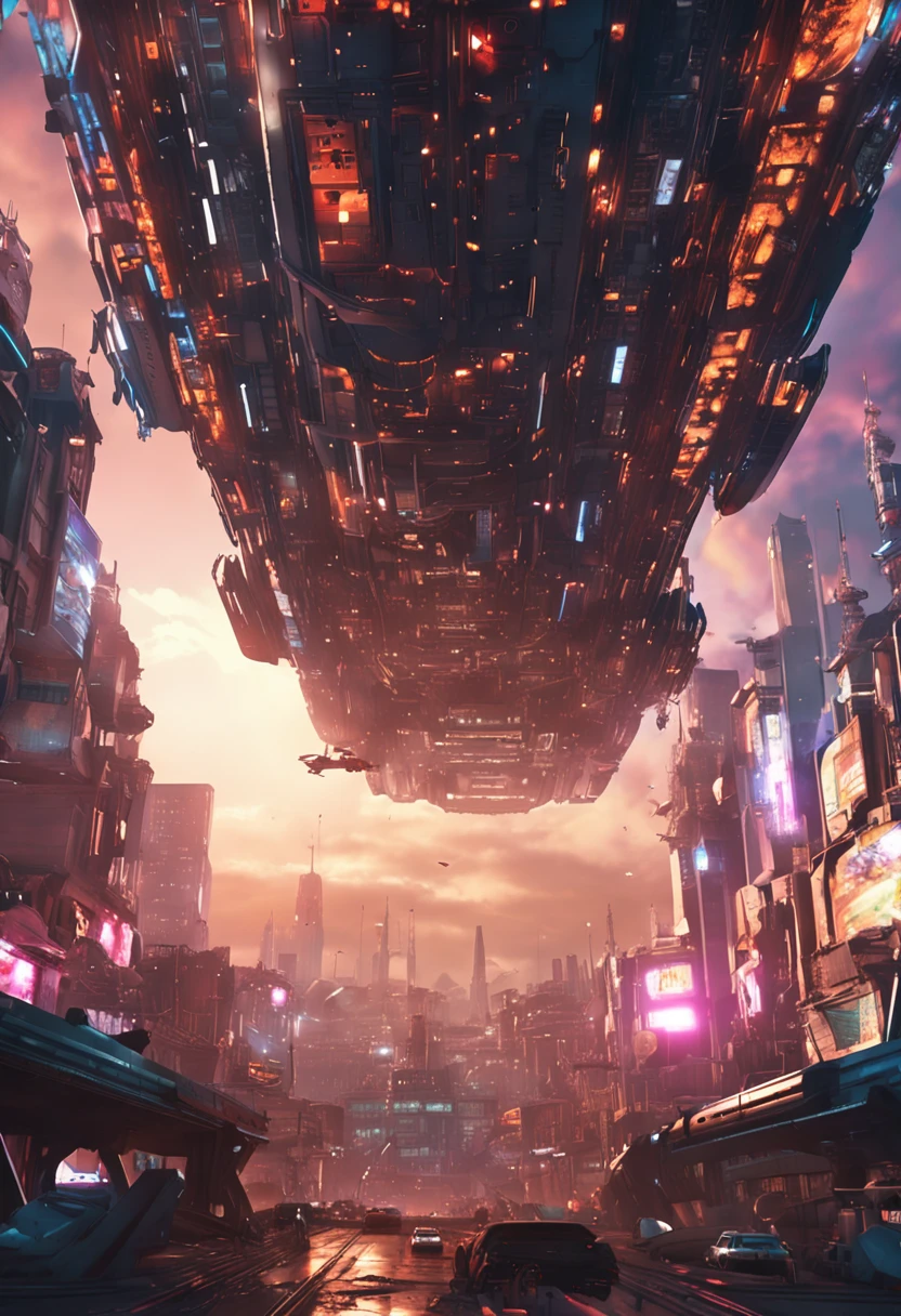 animesque Looking up CCS-ClassBattleCruiser flying overhead Vast and epic Cyberpunk Tokyo 8k ighly detailed top-quality
