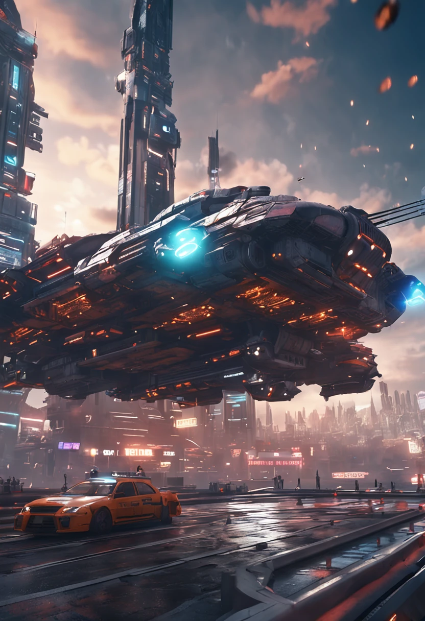 animesque Looking up CCS-ClassBattleCruiser flying overhead Vast and epic Cyberpunk Tokyo 8k ighly detailed top-quality