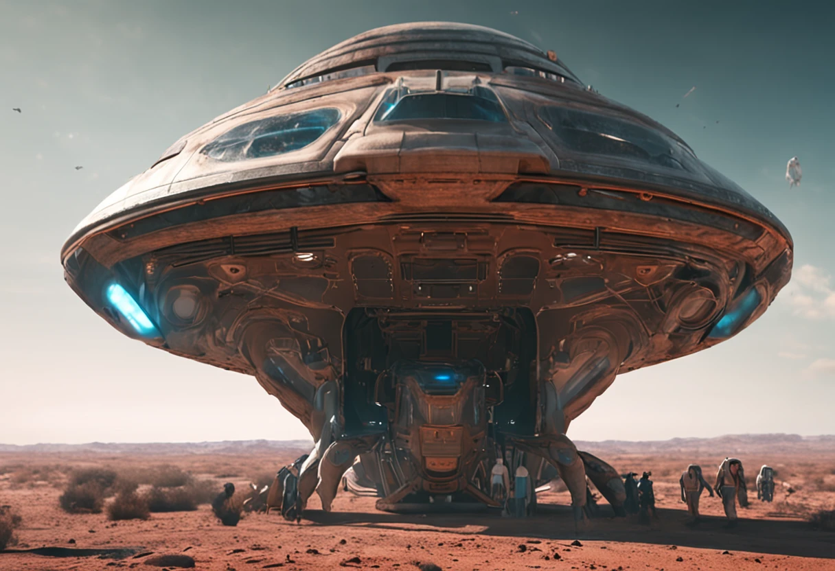 "Extraterrestrial beings disembarking from their otherworldly spacecraft."
