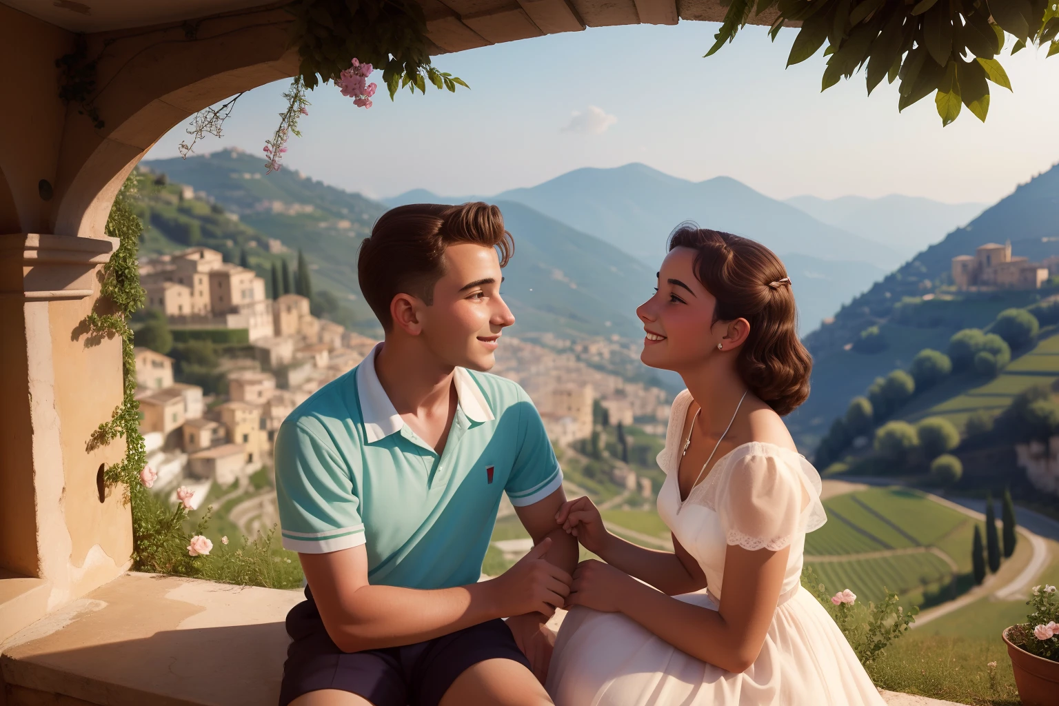 Date: 1956
Location: Italy
Description: Two agers share a romantic moment on a sunlit Italian hillside, their stolen glances and shy smiles echoing the sweetness of young love.