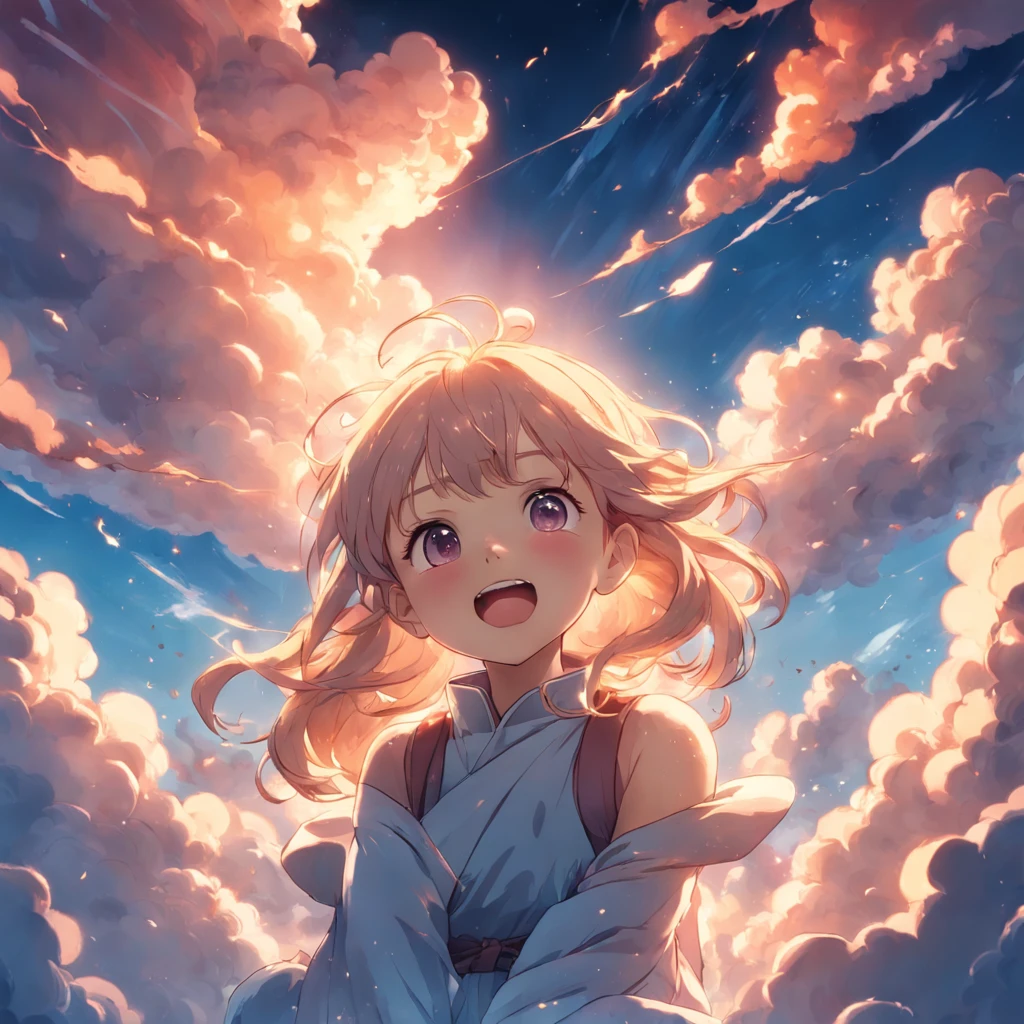 masterpiece, best quality, movie still, 1girl, cloud girl, floating in the sky, close-up, bright, happy, warm soft lighting, sunset, (sparks:0.7)