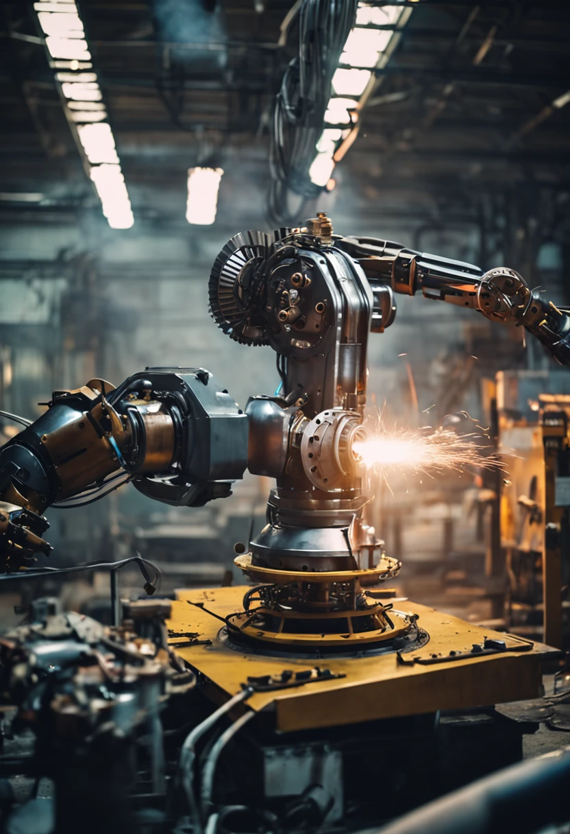 Close-up of robot with welding rod in factory, industrial robot, huge machine robot, robot machinery, machine arm, industrial robot, robot machinery, Robotic arm, extended robotic arms, one arm of the robot body, with robotic arms, robotic extended arms, with robotic arms, robotic machines, machine arm, mechanical robot body, Robot destruction