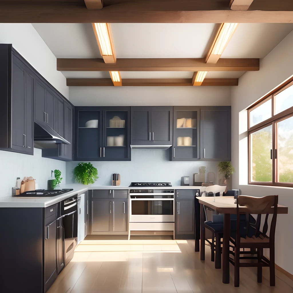 Design de interiores, uma perspectiva de uma sala de estar e uma cozinha com uma ilha, grandes janelas com luz natural, cores claras, vegetation, modern furniture, Skylight, quadro van gogh starry night, design minimalista moderno, hyper realistic, master part, altamente detalhado, pintura digital, best quality, Altas, Trabalho detalhado, Post-processing